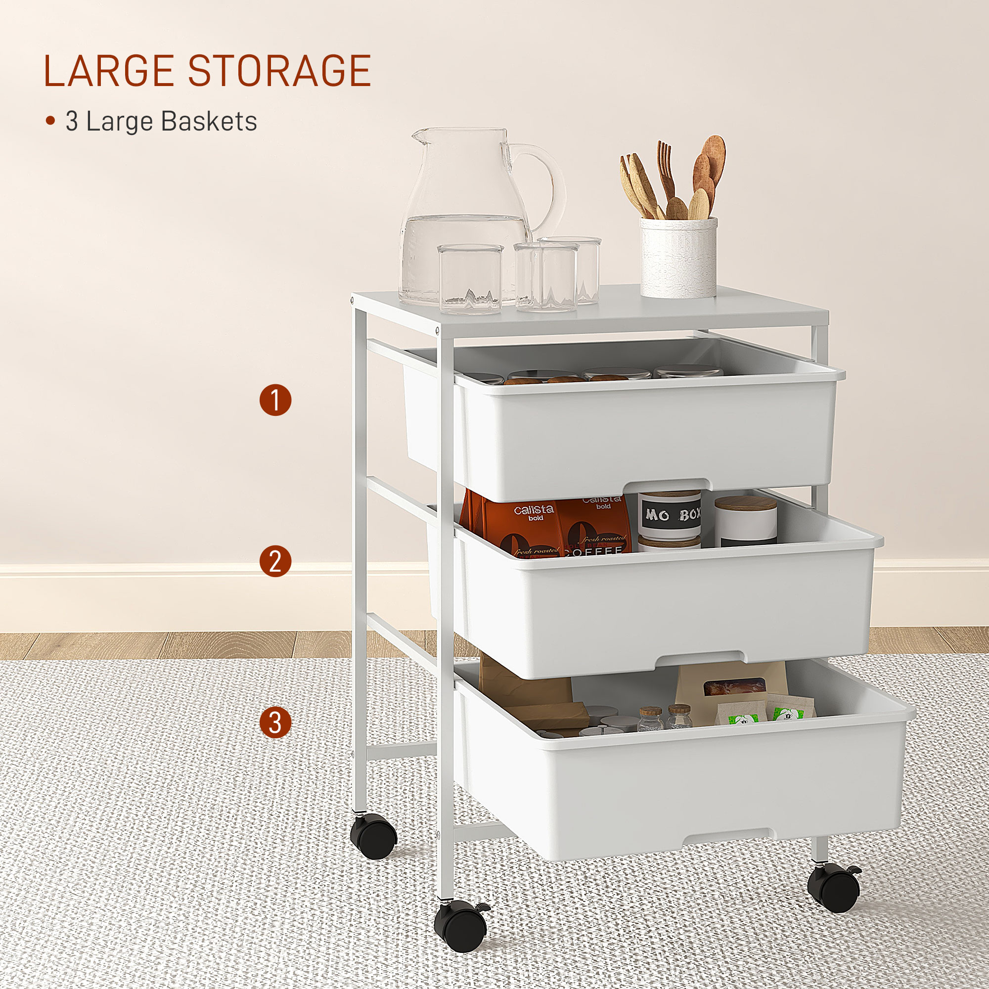  Carucior Multifunctional cu 3 Cosuri si Roti, Carucior pentru Bucatarie si Birou din Otel si Plastic, 40.8x33.5x60.5 cm, Alb [3]