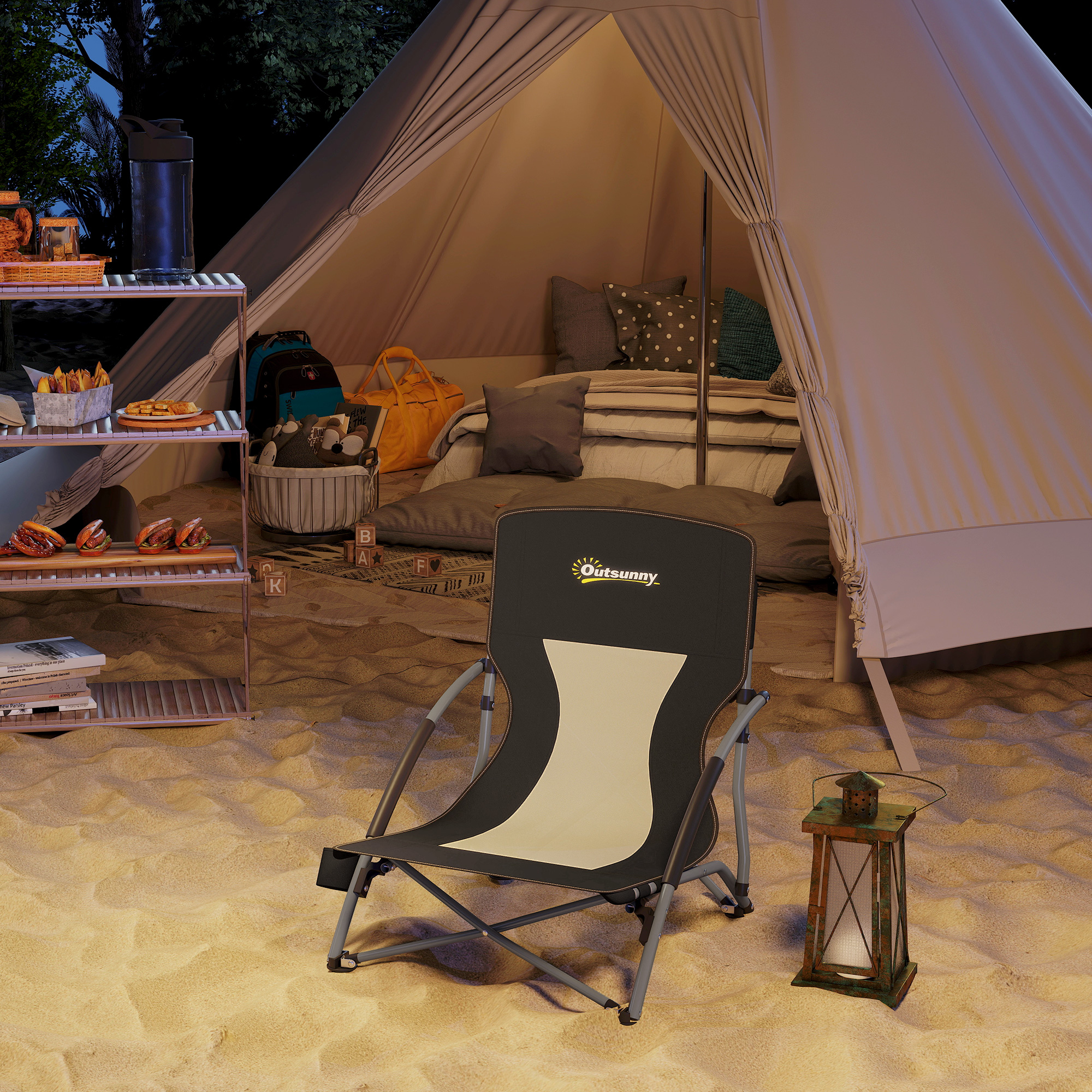  Scaun de Plaja si Camping Pliabil cu Spatar din Plasa, Negru [7]