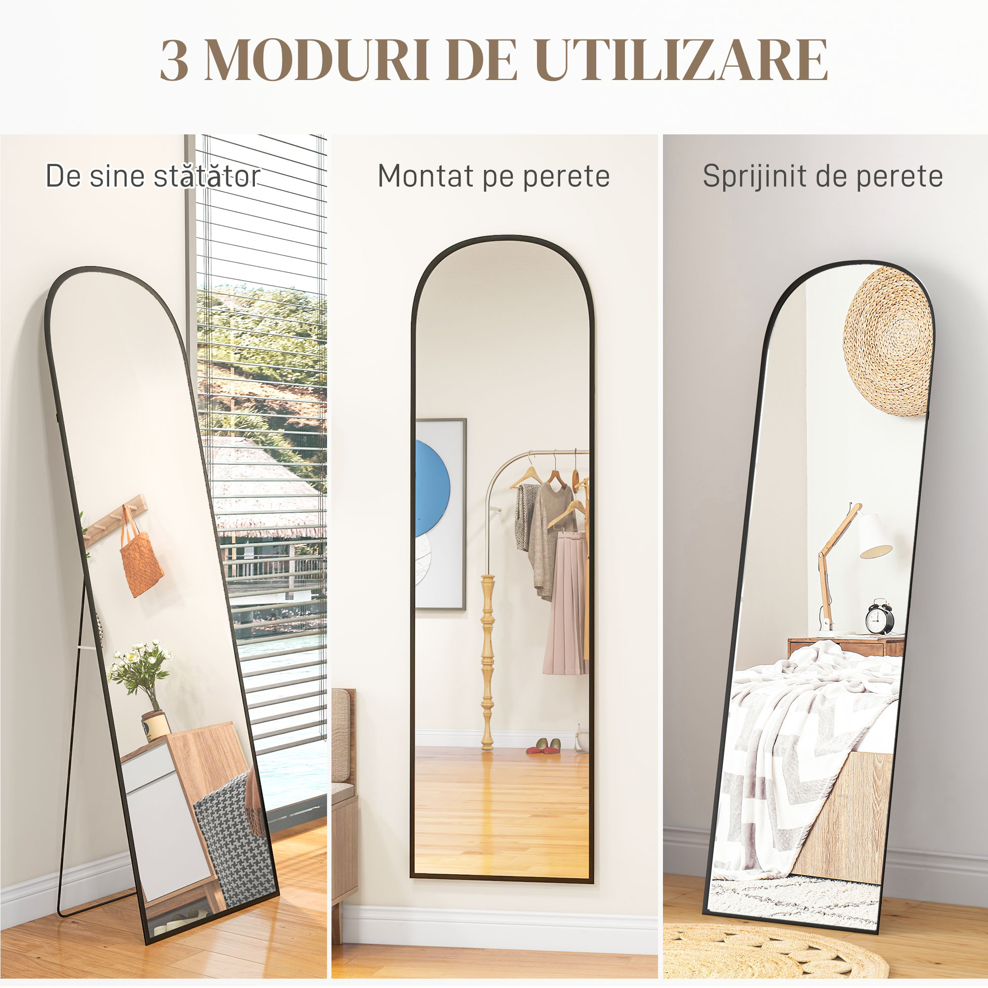  Oglinda de podea si perete moderna din aliaj de aluminiu cu suport pliabil, 50x170 cm, negru [6]