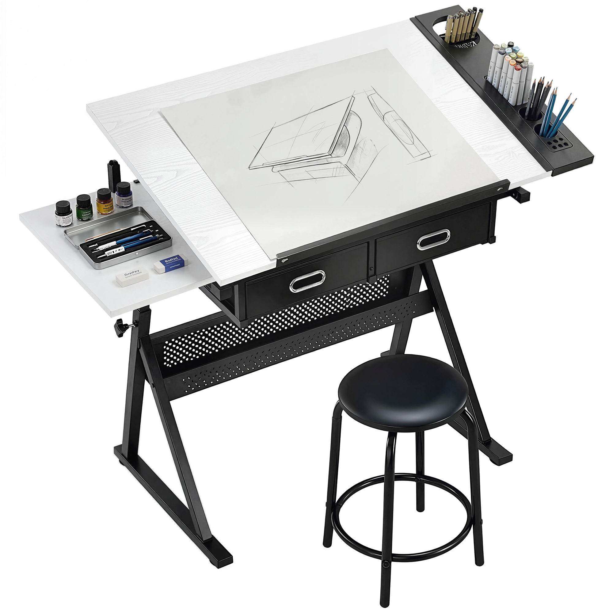  Masa de desen cu taburet si 2 sertare, inaltime reglabila, blat inclinabil 0° à 60°, 120 x 60 x 68-92 cm, alb [4]
