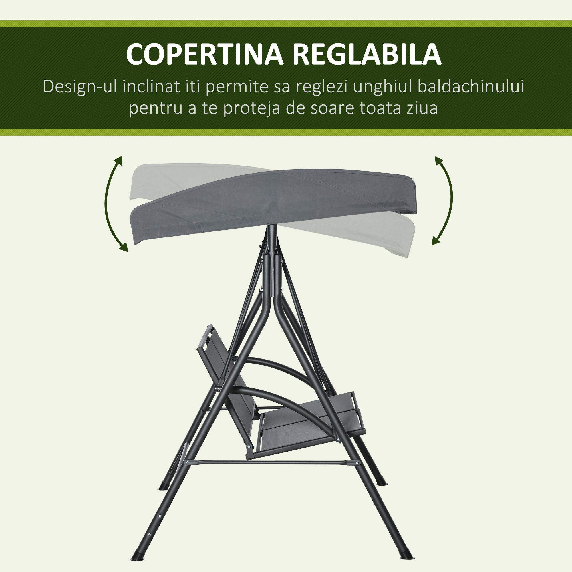  Balansoar cu 2 Locuri de Gradina pentru Exterior cu Baldachin Reglabil si Sezuta din Textilen, 140x118x162cm Gri [3]