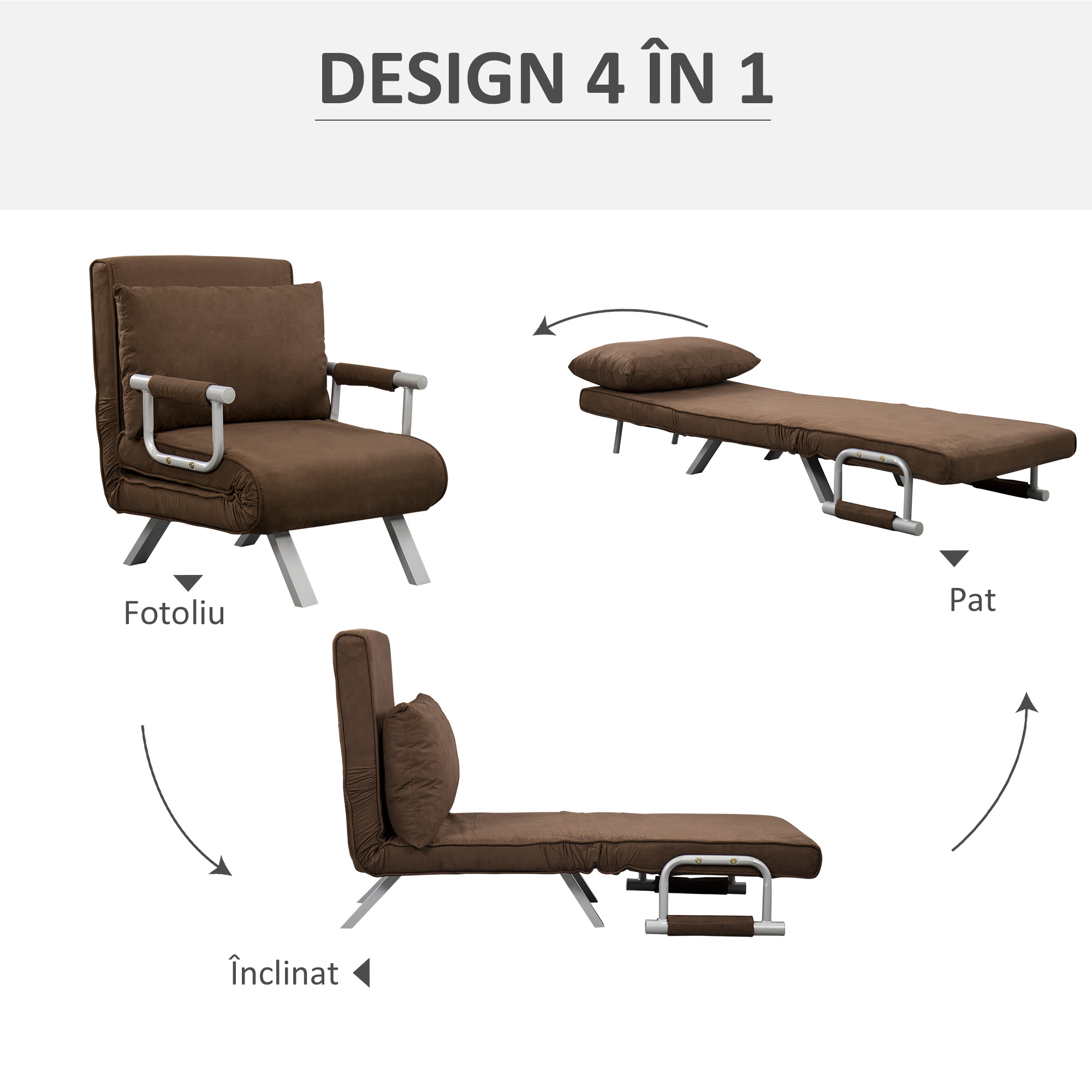  Fotoliu Pat Individual 3 in 1 cu Spatar Reglabil pe 5 Nivele si Perna, 65x69x80 cm, Maro [4]