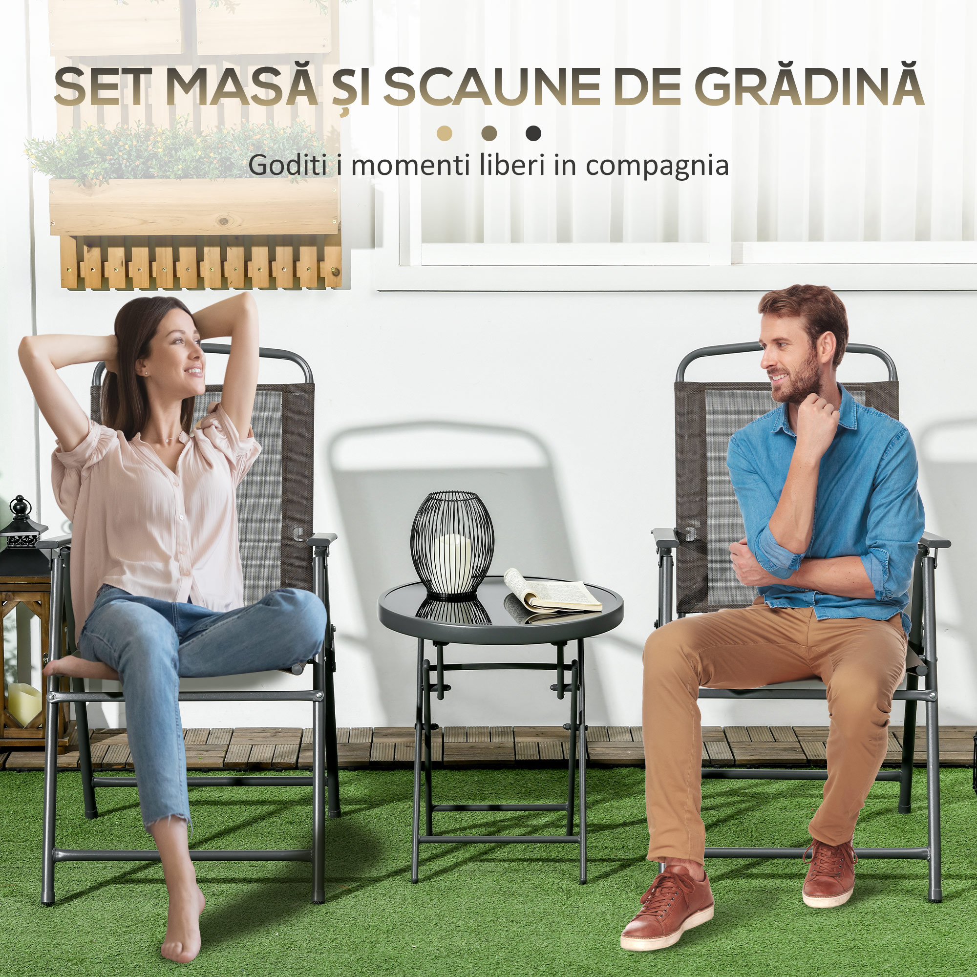  Set de Gradina 3 Piese cu 2 Scaune Pliabile si Masa Rotunda, Set Mobilier de Exterior din Metal si Sticla, Maro [4]