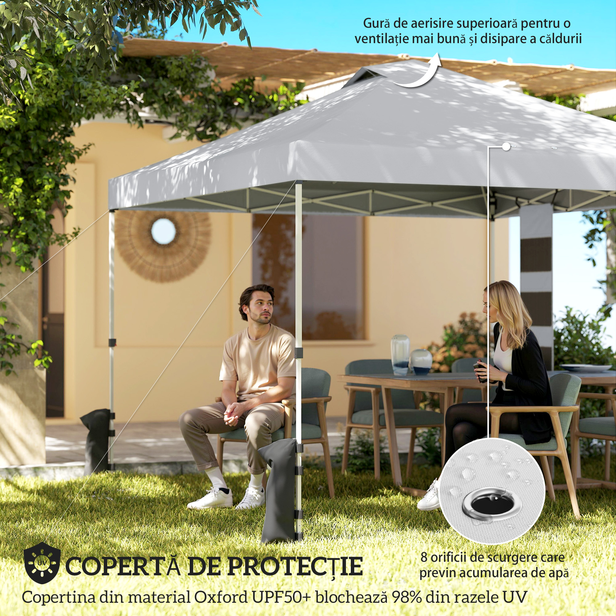  Pavilion 3x3 m Pop-Up cu Buzunare, UPF 50+, cu Saci de Nisip si Geanta cu Roti [3]