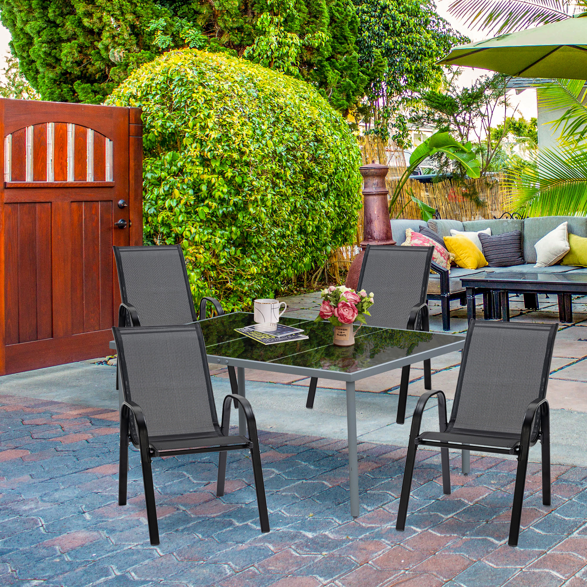  Set cu 4 scaune cu cotiere, Scaune stivuibile pentru gradina, pentru veranda, balcon, exterior, Negru [1]