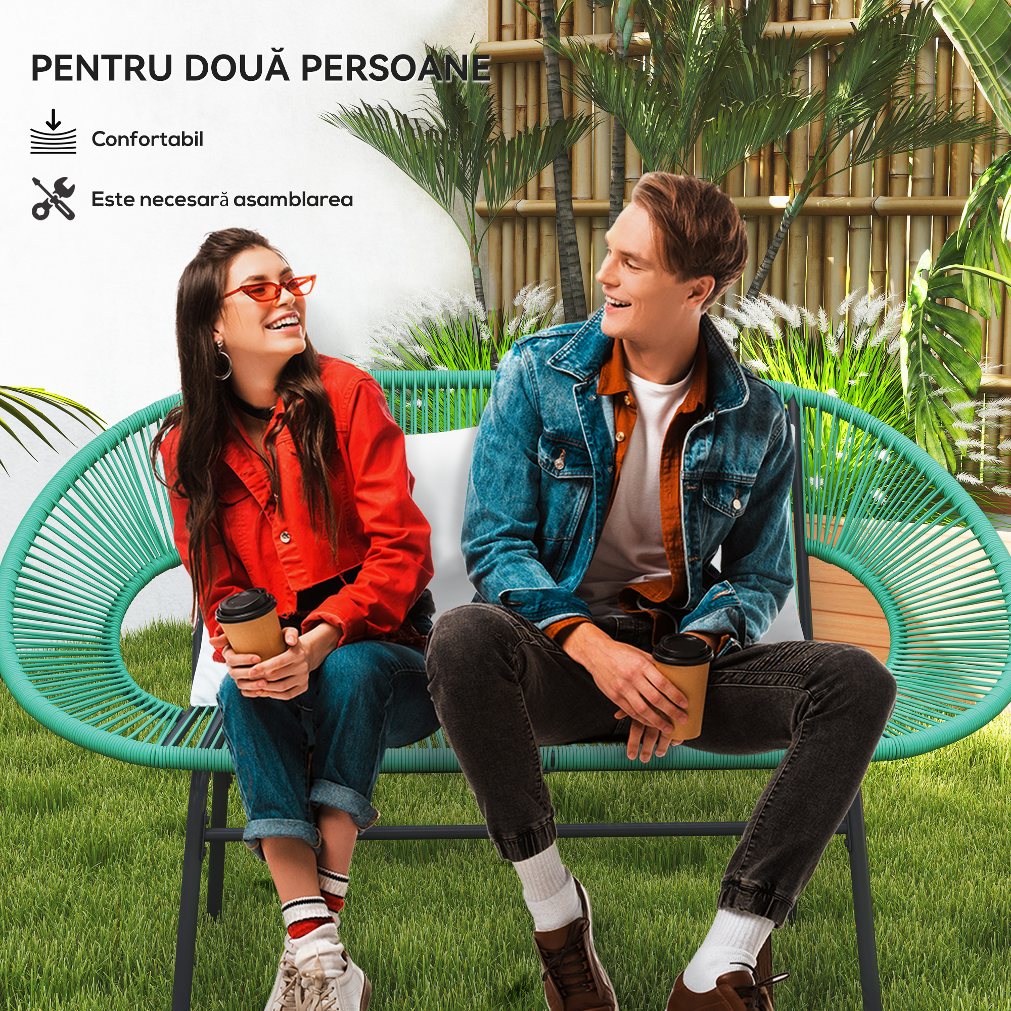  Canapea de Gradina cu 2 Locuri din Ratan PE si Cadru din Otel cu Perne si Brate, 132x72x83 cm, Verde [3]