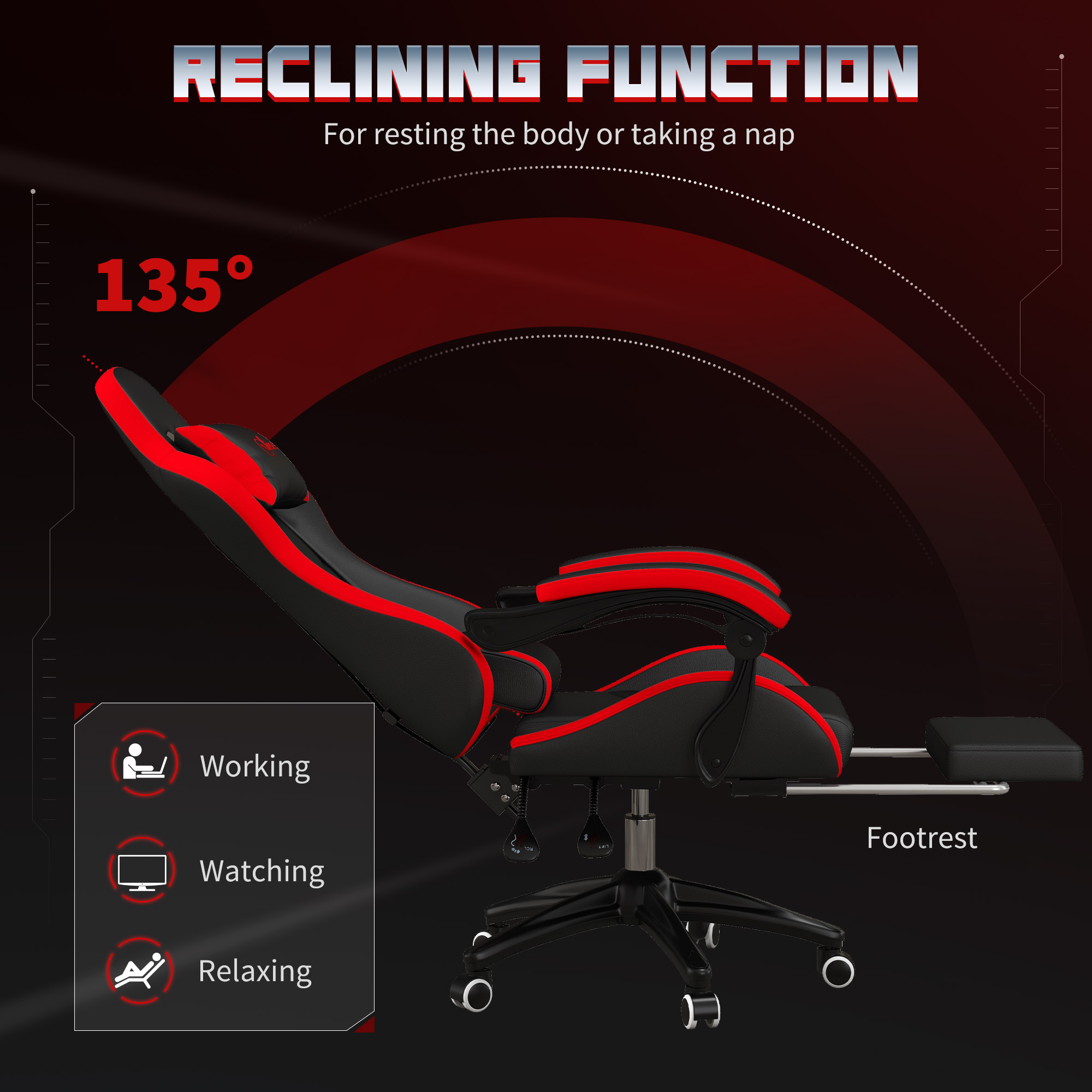  Scaun de Gaming cu inaltime Reglabila si Spatar Rabatabil, 65x65x121-129 cm, Negru si Rosu [4]