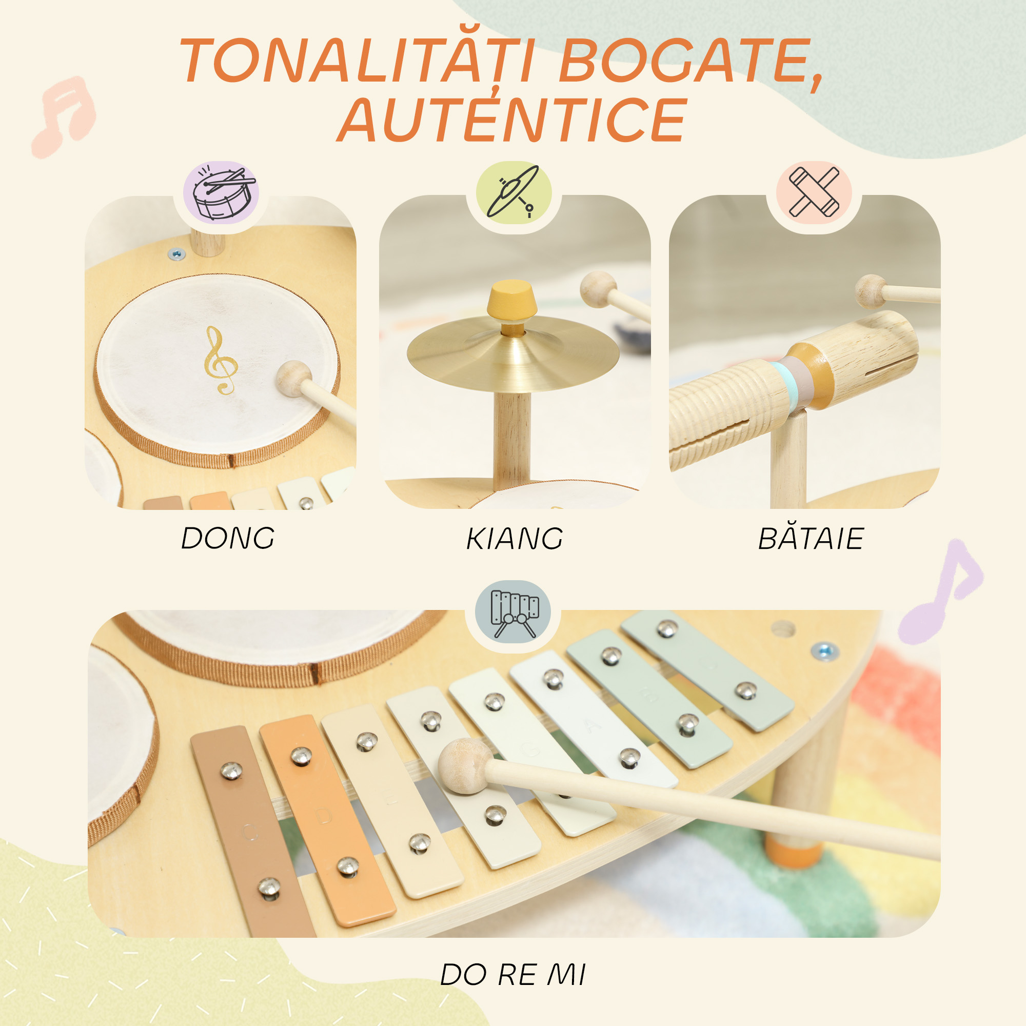  Set de Instrumente Muzicale pentru Copii de la 2+ Ani cu Tobe si Xilofon, Culoare Naturala [5]