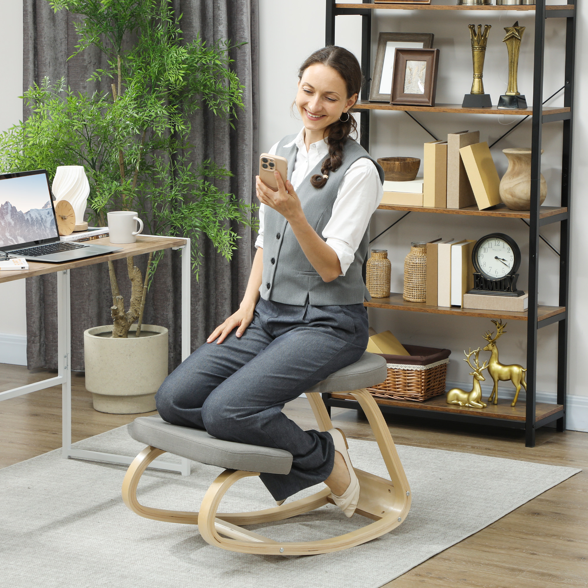  Scaun cu Genunchii cu Miscare de Balans, din tesatura si Lemn de Mesteacan, 50x73x55 cm, Gri [1]