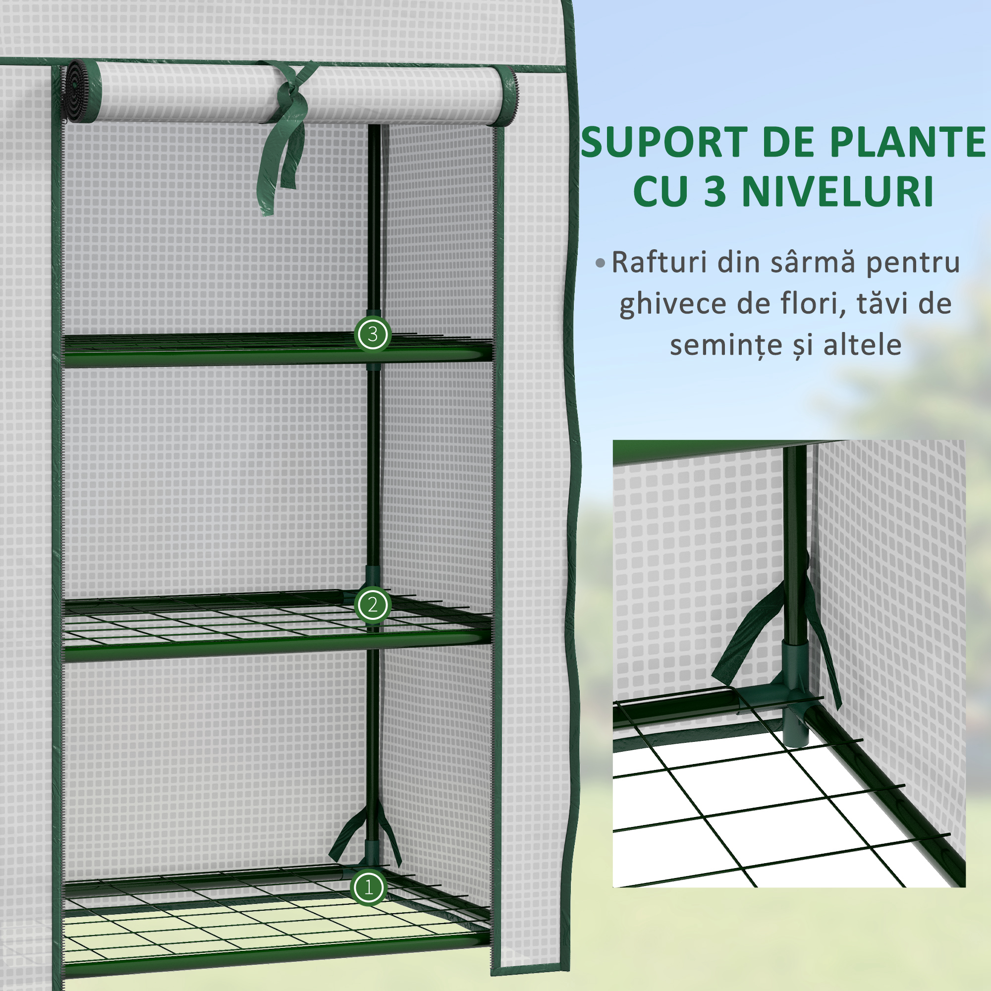  Mini Sera pe 3 Nivele cu Acoperis PE intarit, Sera Portabila cu Usa Rulanta si Rafturi din Sarma, 59x39x127 cm, Alb [4]