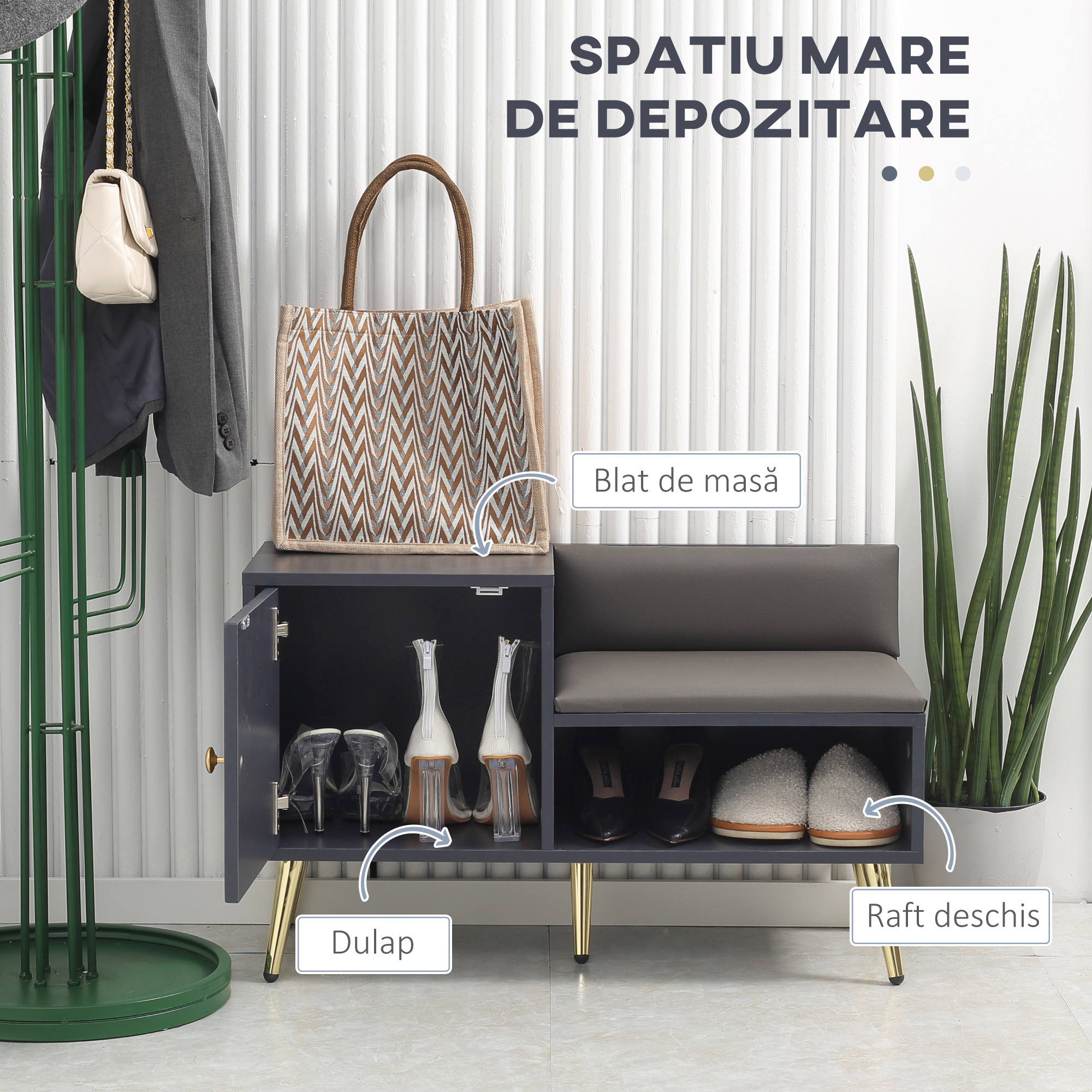  Dulap de pantofi de intrare cu scaun captusit, raft deschis si dulap, pentru 4 perechi de pantofi, lemn si metal, 80x33x49cm, gri [3]