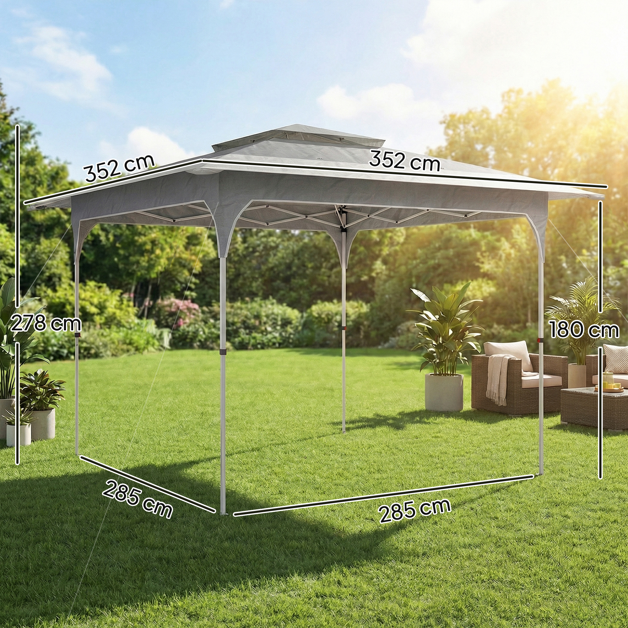  Pavilion Pop-Up pliabil 3.5x3.5 m cu acoperis dublu si geanta, din metal si material Oxford, gri inchis [2]