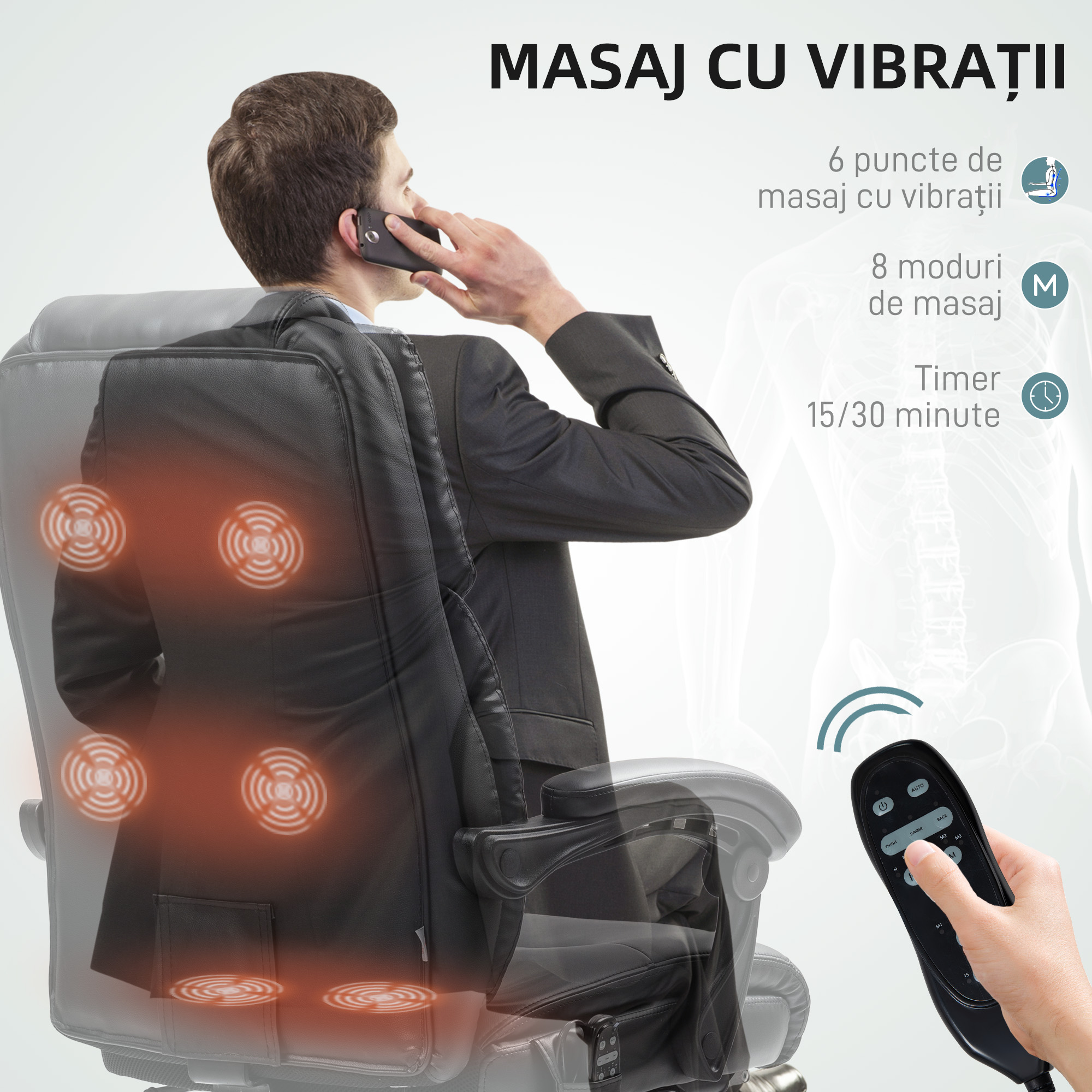  Scaun de Birou cu Masaj prin Vibratii, Spatar inalt si inaltime Reglabila, 66x64x113-121 cm, Negru [3]