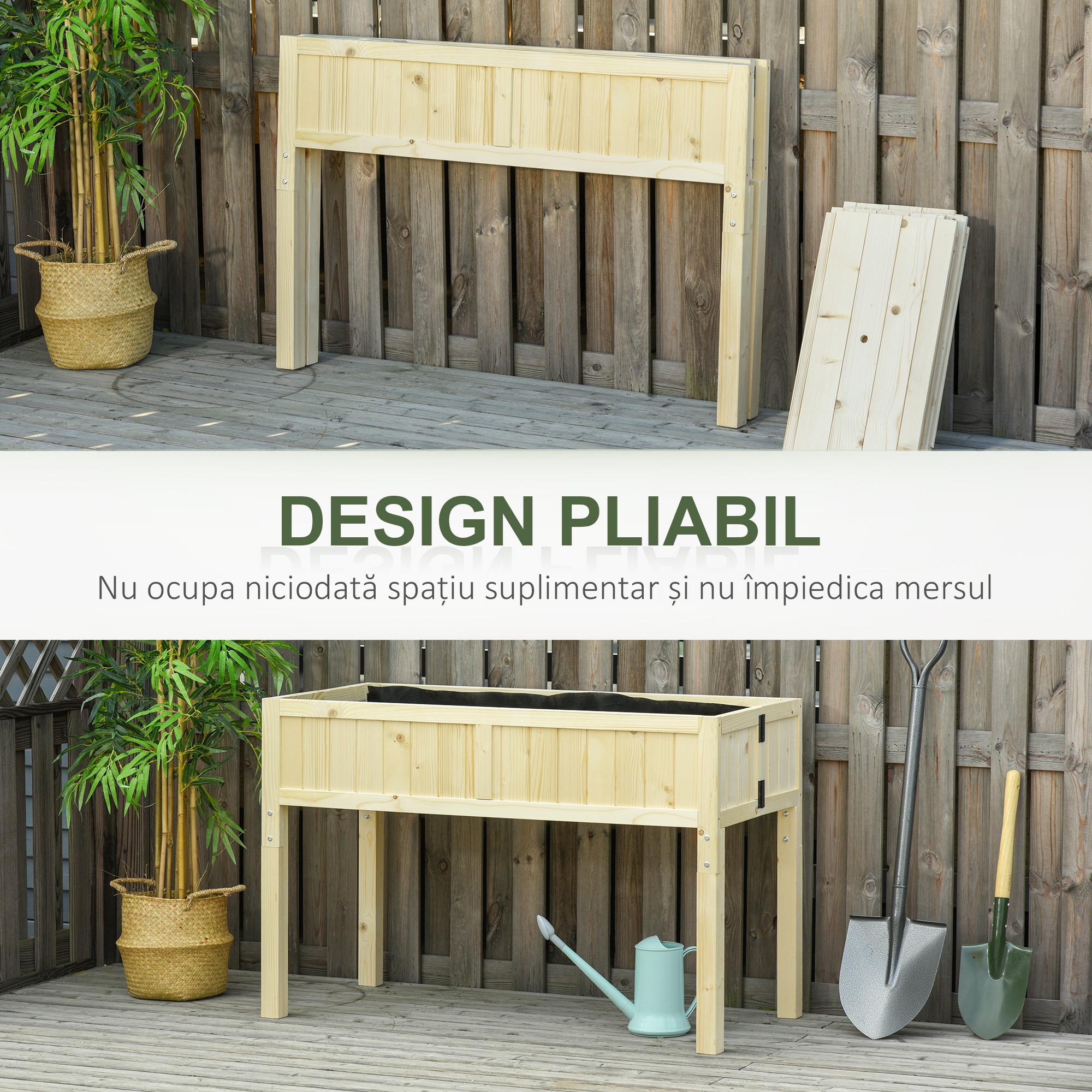  Jardiniera Ridicata Pliabila, Pat pentru Gradina in Lemn de Brad cu 4 Orificii de Drenaj, pentru Gradina, Terasa, Balcon, 115x56x76 cm, Culoare Lemn [3]