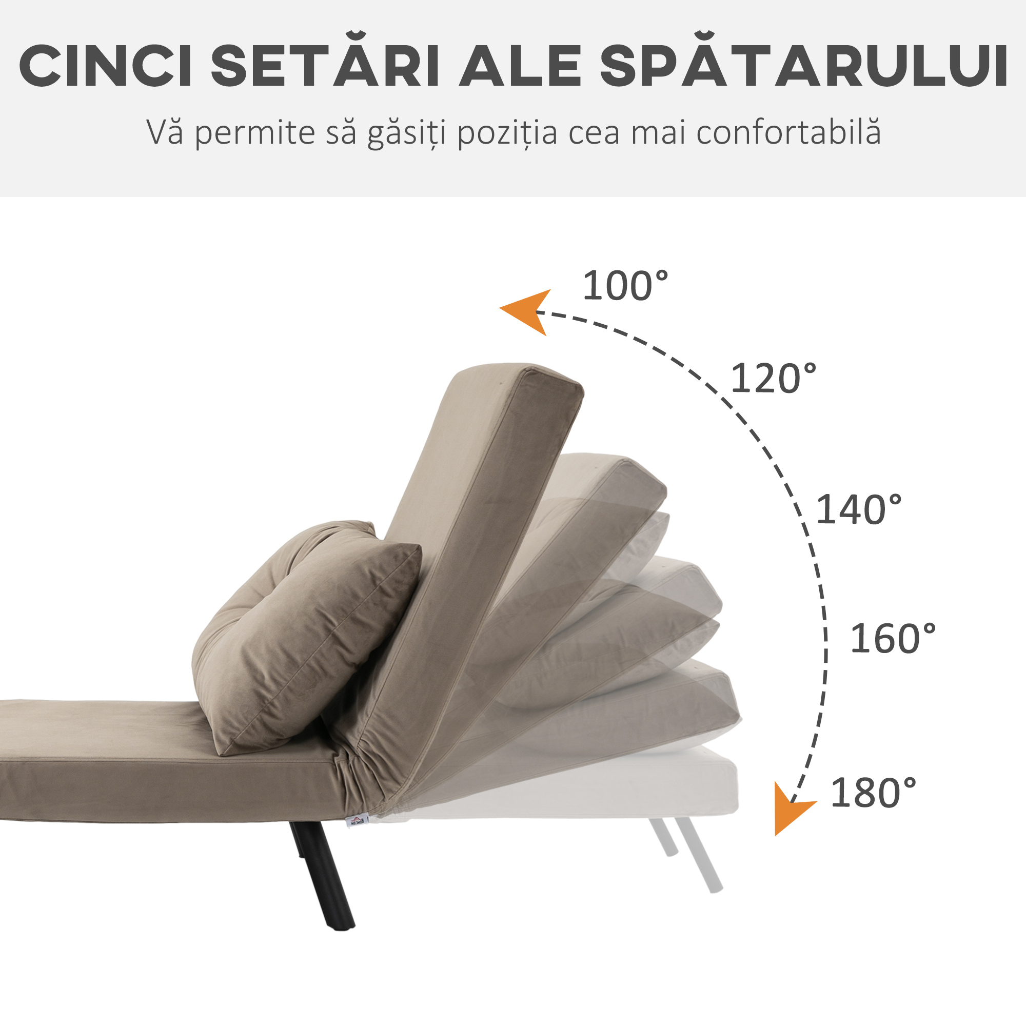  Fotoliu Pat 3 in 1 cu Spatar Reglabil pe 5 Niveluri si Perna, 63x73x81 cm, Gri [4]