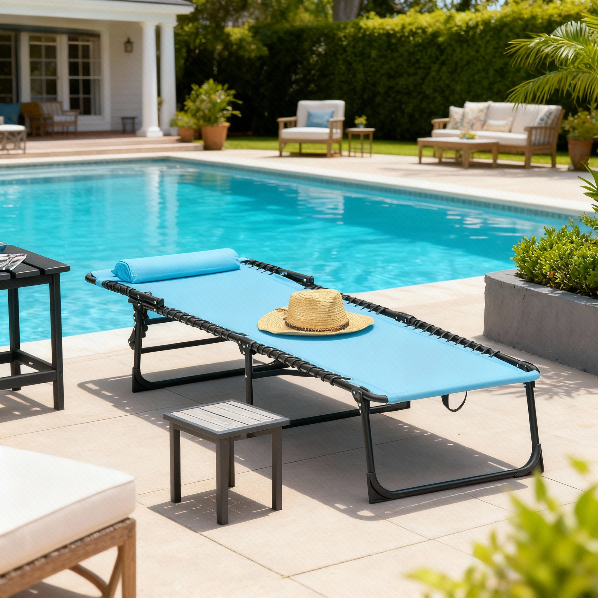  sezlong Pliabil cu Spatar Reglabil, Cadru din Otel si Material Textil Tip Plasa, 189x58x30 cm, Albastru [6]