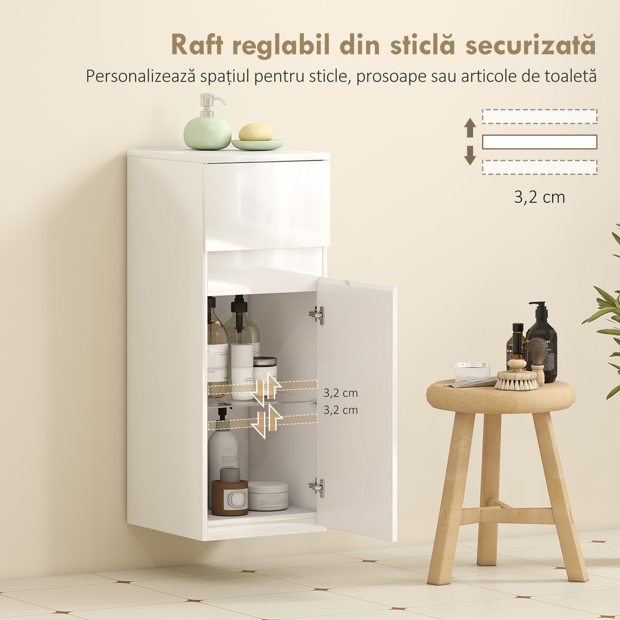  Dulap de Baie Suspendat cu Sertar si Usa Lucioasa, Raft Reglabil din Sticla Securizata, 30x34x79,4 cm, Alb Lucios [4]