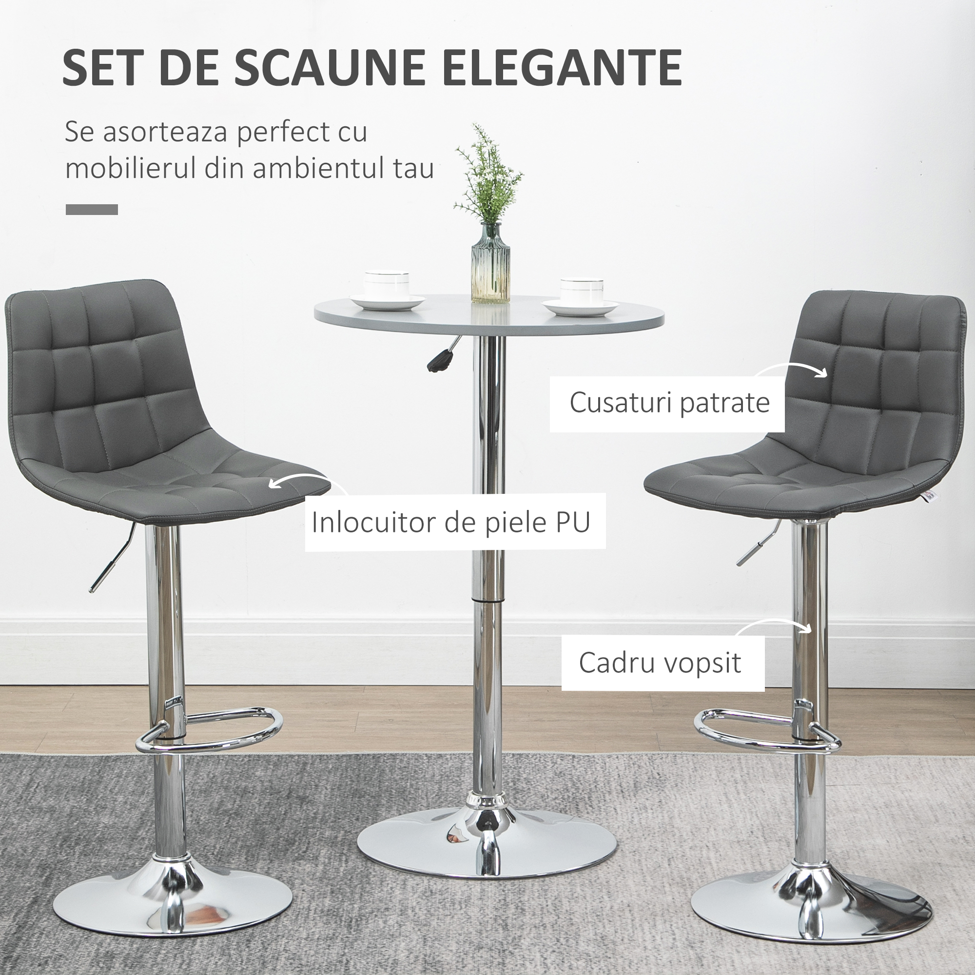  Set de 2 scaune de bar din piele cu spatar, scaune pivotante pentru bucatarie si sufragerie cu suport pentru picioare, 42x45x89-110cm, gri [3]