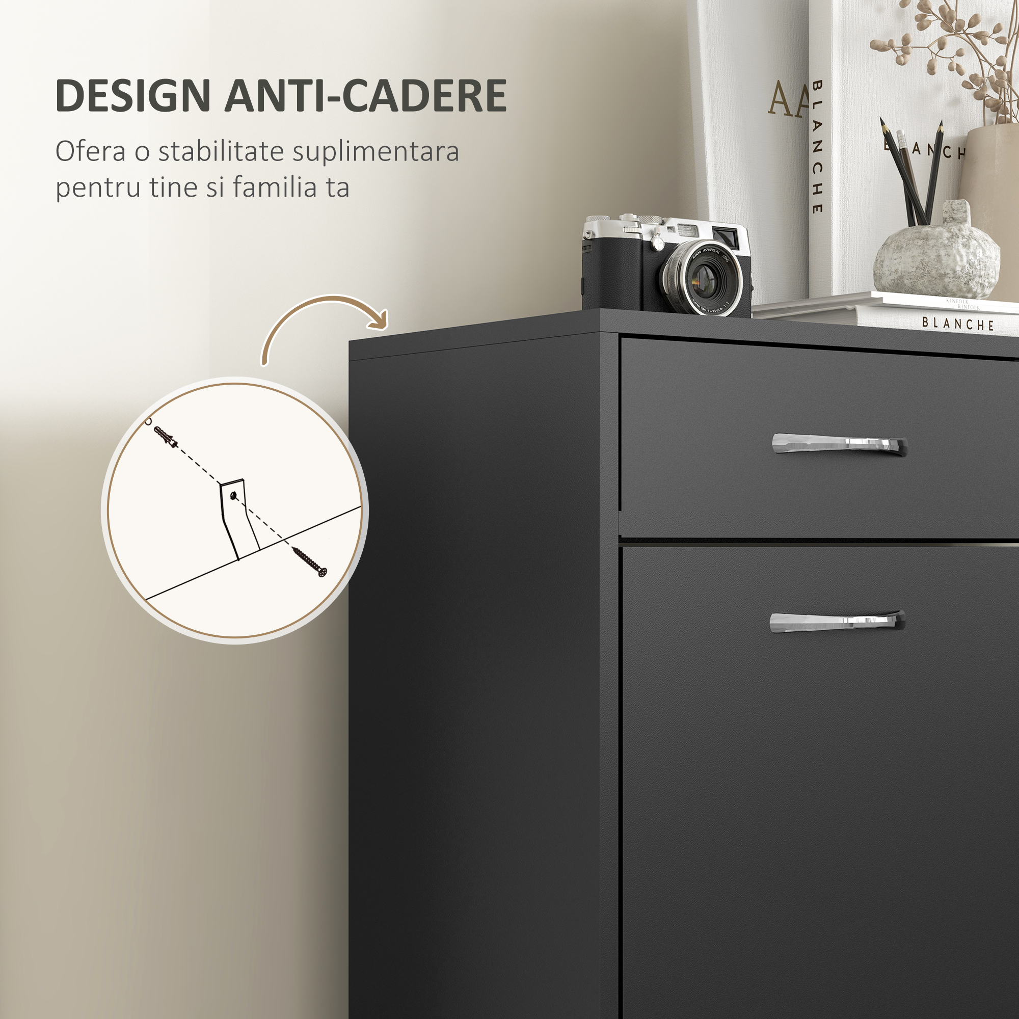  Dulap pentru Pantofi Modern cu 2 Rafturi Regabile si 2 Sertare din Lemn Negru [6]