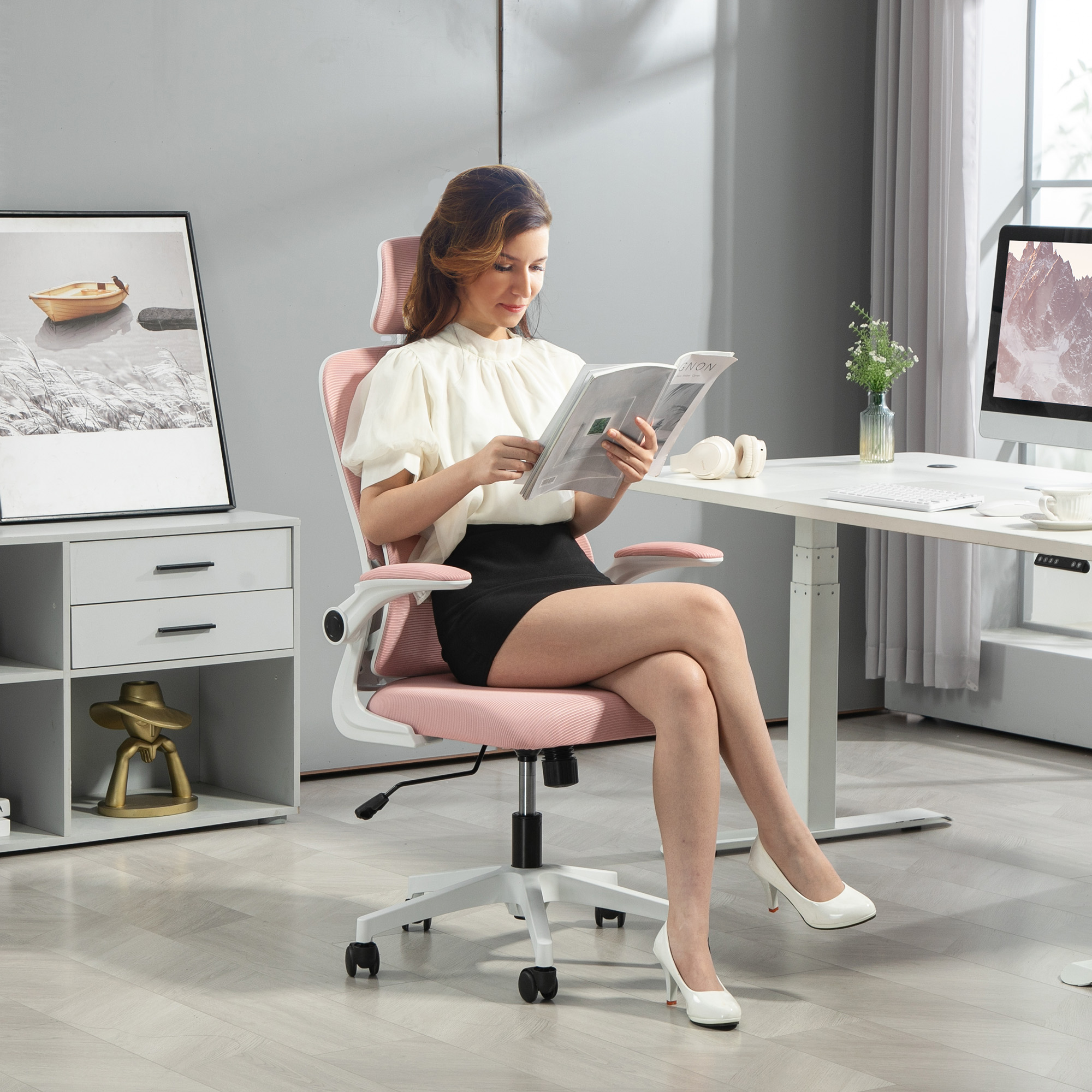  Scaun de Birou Reglabil si Reclinabil cu Tetiera Detasabila, din tesatura cu Plasa, 60x59x114-122 cm, Roz [1]