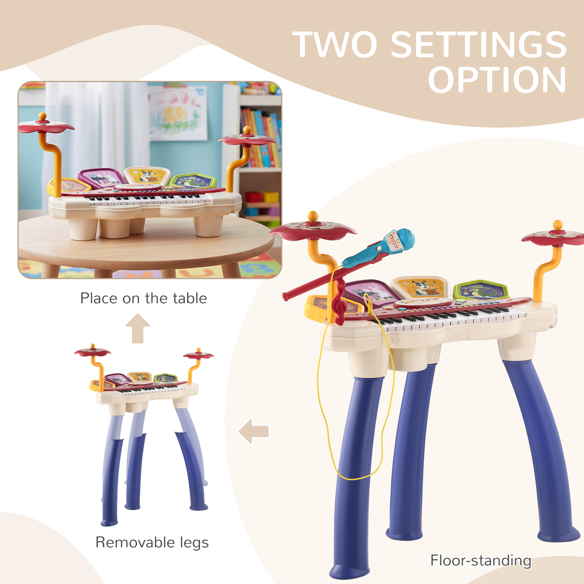  Orga Pian pentru Copii cu Set de Tobe Instrument Muzical Electronic cu Sunete Multiple Lumini Microfon Taburet pentru Fete si Baieti [8]