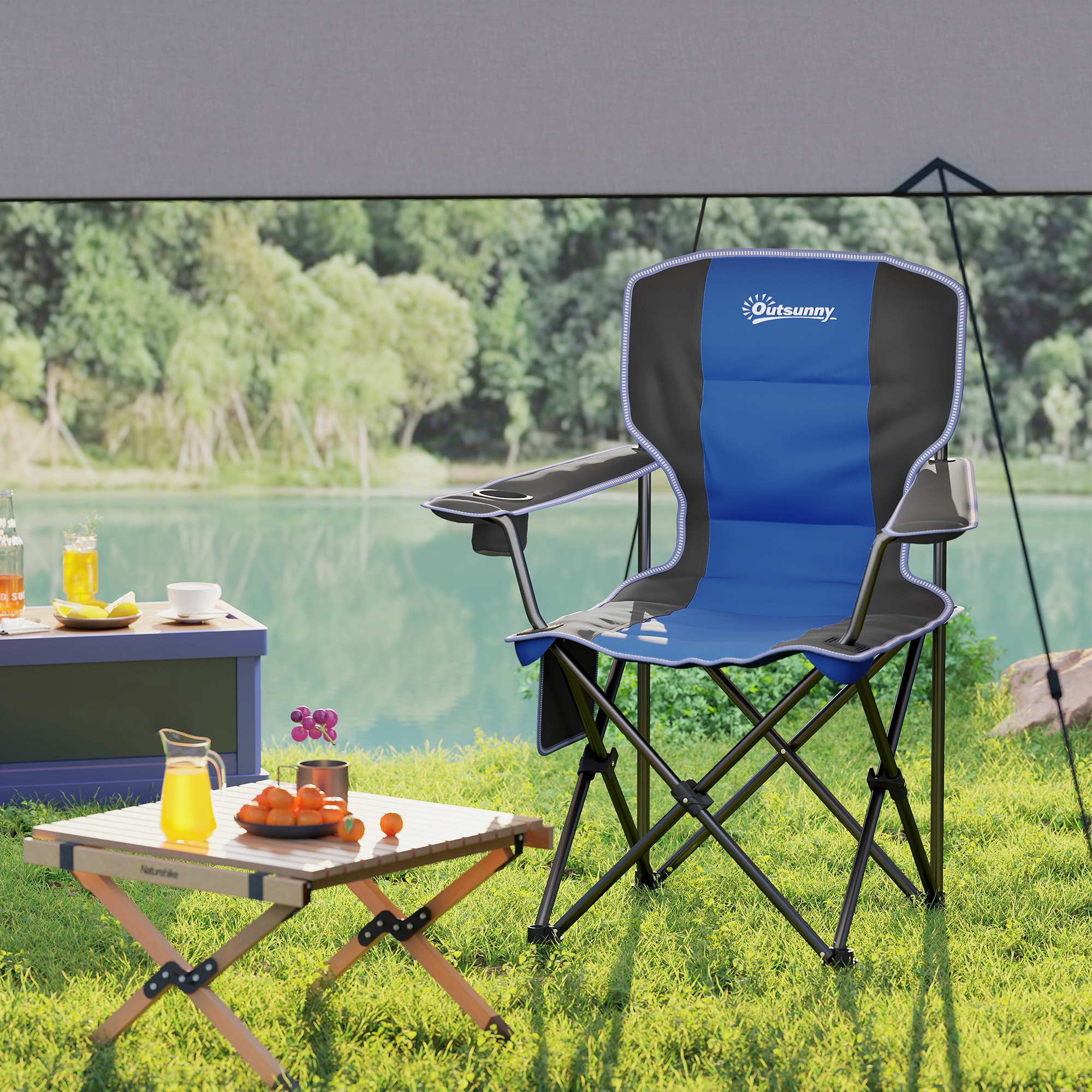  Scaun de Camping Pliabil cu Buzunar si Suport pentru Pahar, 94x62x110 cm, Albastru [7]