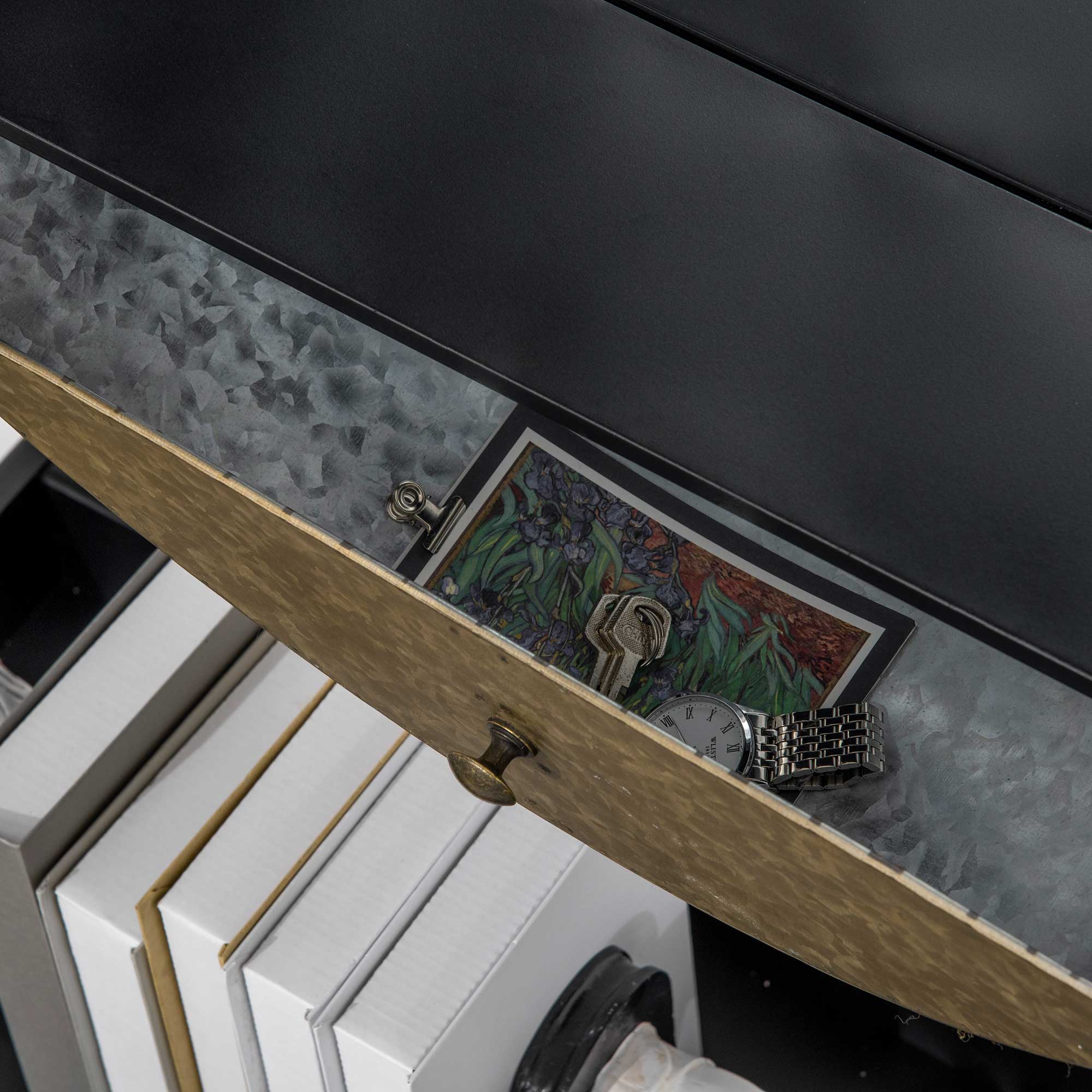  Oglinda de perete rotunda Ø61cm, oglinda decorativa cu sertar si cadru din metal si MDF, negru [7]