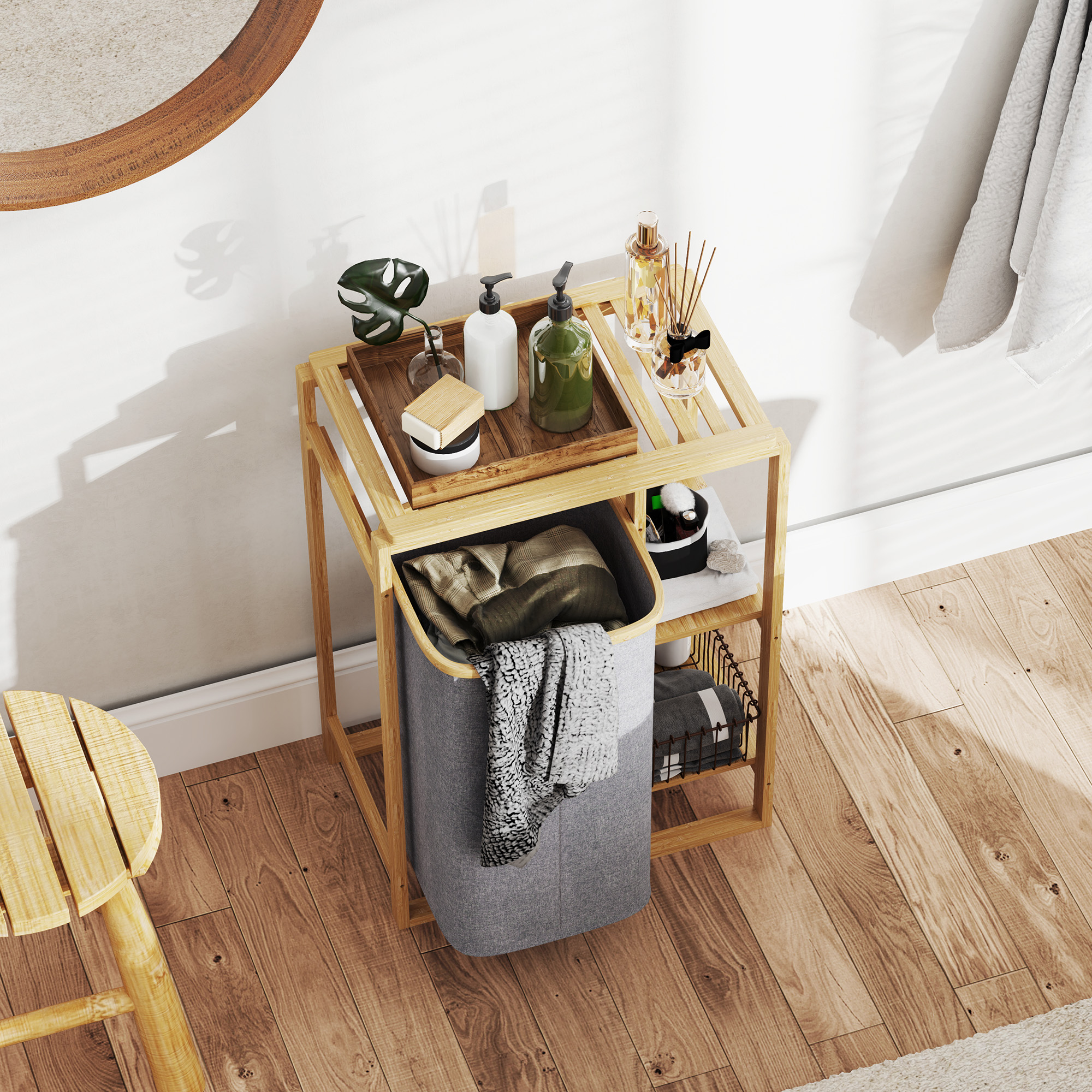  Cos Portabil Rufe cu Sac & Raft Bambus 50×32×70 cm - Gri [7]