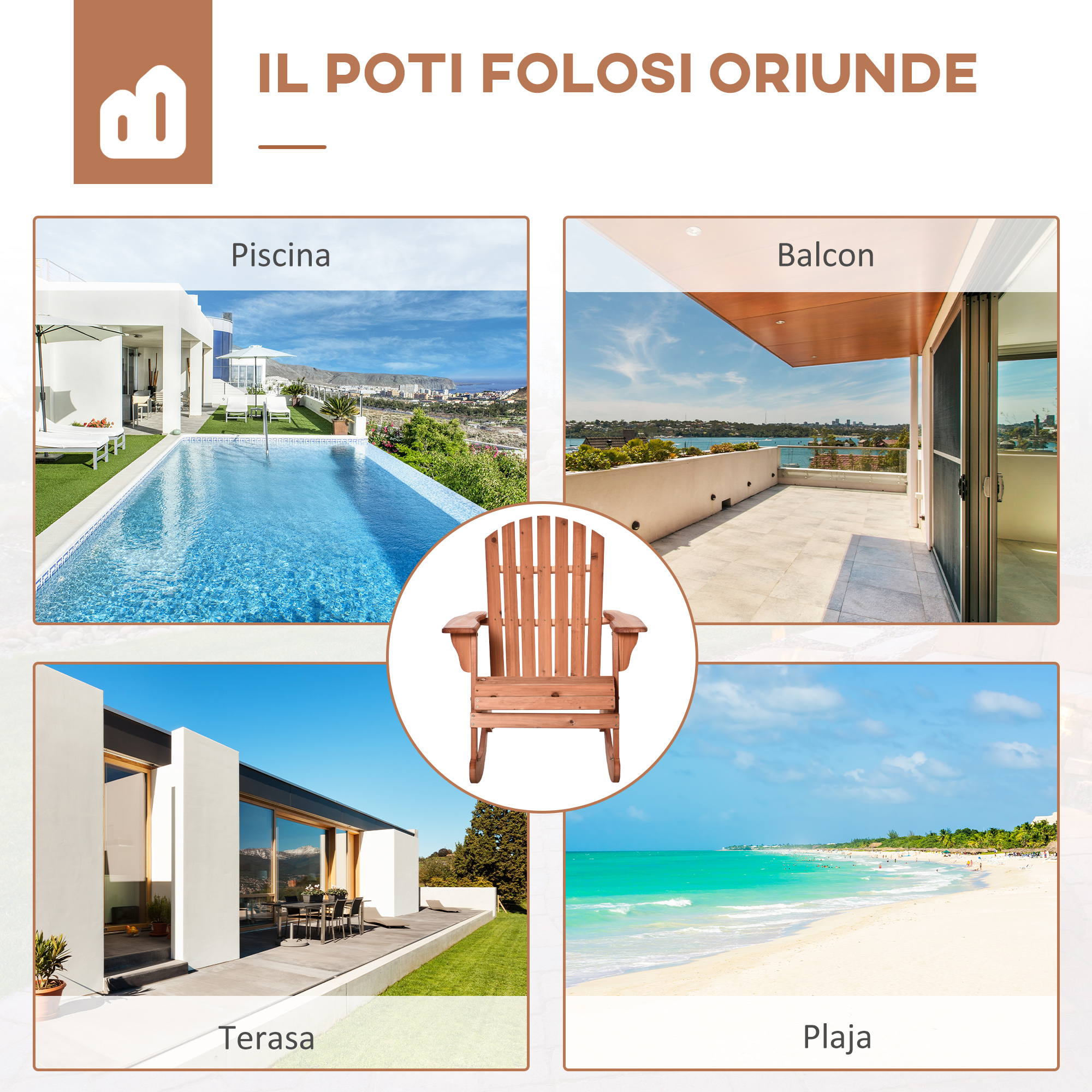  Scaun Adirondack Impermeabil din Lemn pentru Gradina si Exterior, 77x94x97 cm, Lemn Natural [6]