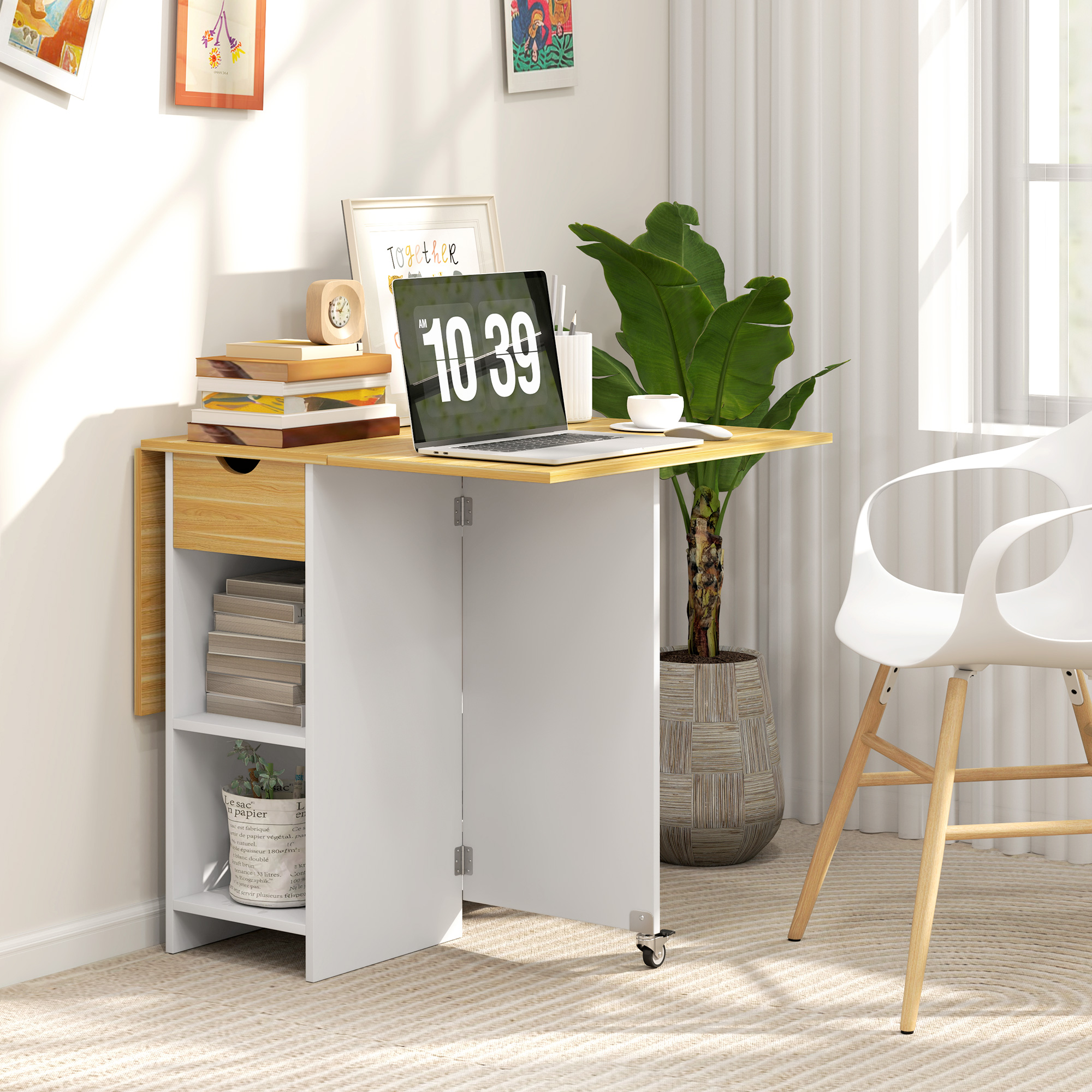  Masa de dining pliabila pentru 2-4 persoane cu 2 extensii, sertar si rafturi, stejar [6]