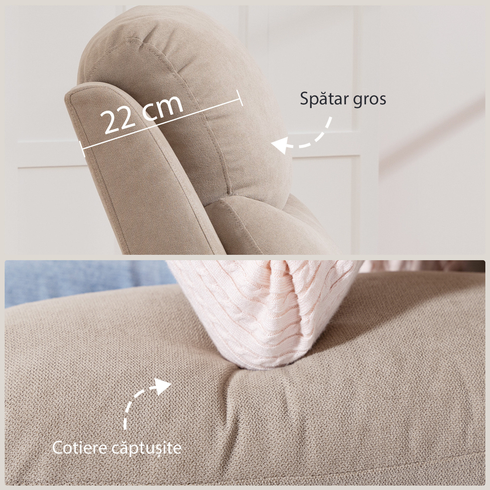  Fotoliu Rabatabil Manual cu Perne Groase, Manere Captusite si Suport pentru Picioare, Bej [5]