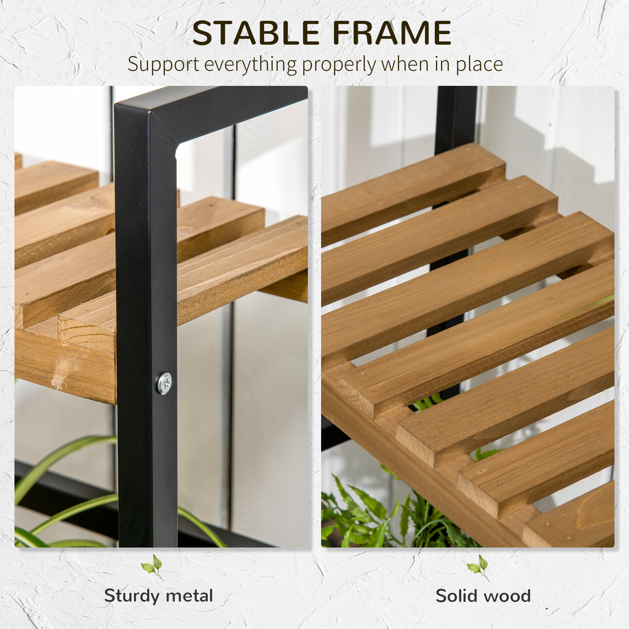  Suport de flori cu 3 niveluri cu carlige din lemn de brad si metal pentru interior si exterior, 80x36x174 cm, culoare negru si lemn [5]