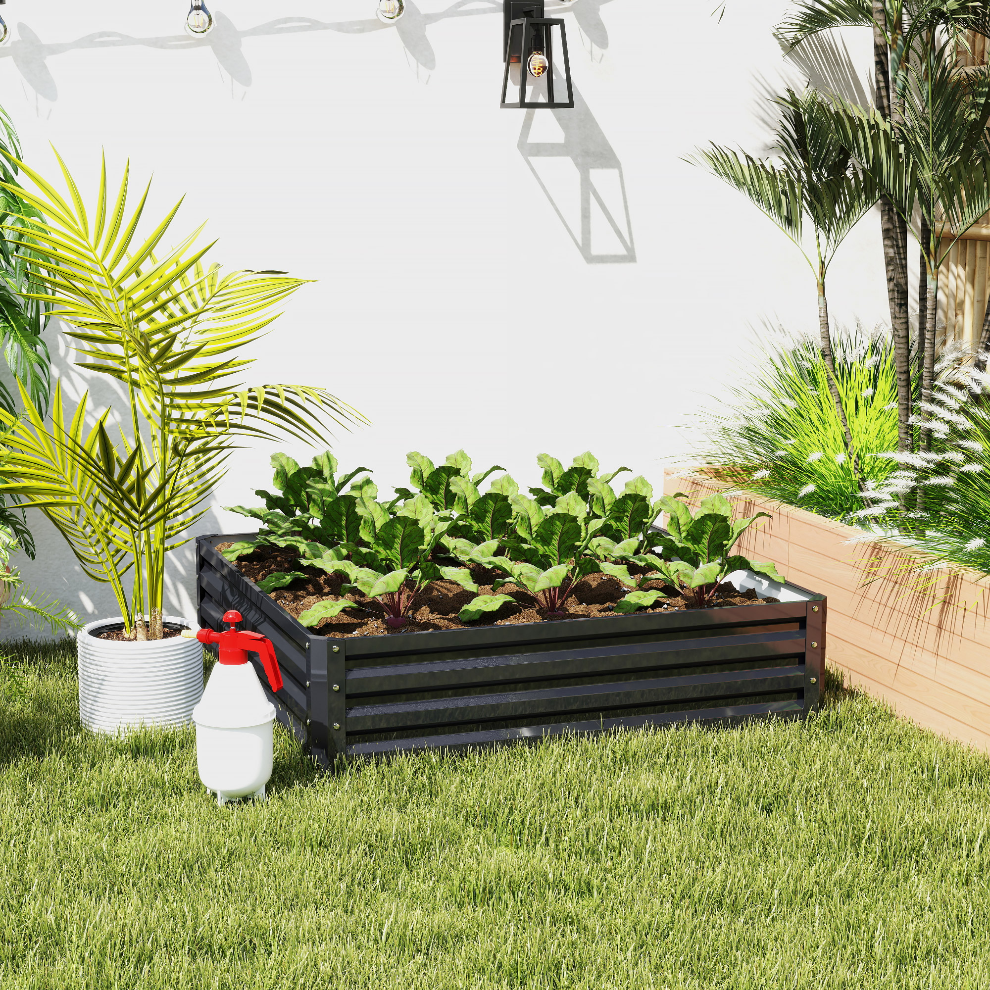  Pat de Gradina Inaltat Galvanizat de 120x120x30cm, Jardiniera Pat Inaltat cu Cadru din Otel pentru Legume, Flori, Plante si Plante Aromatice, Gri [1]