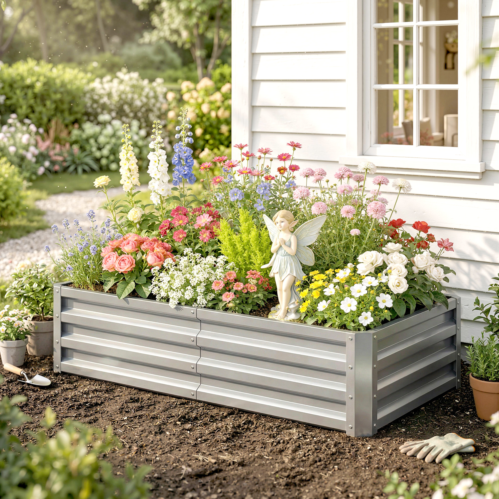  Pat pentru Gradina inaltat cu Baza Deschisa si Strat din Otel Zincat, 120x60x30.5 cm, Argintiu [8]