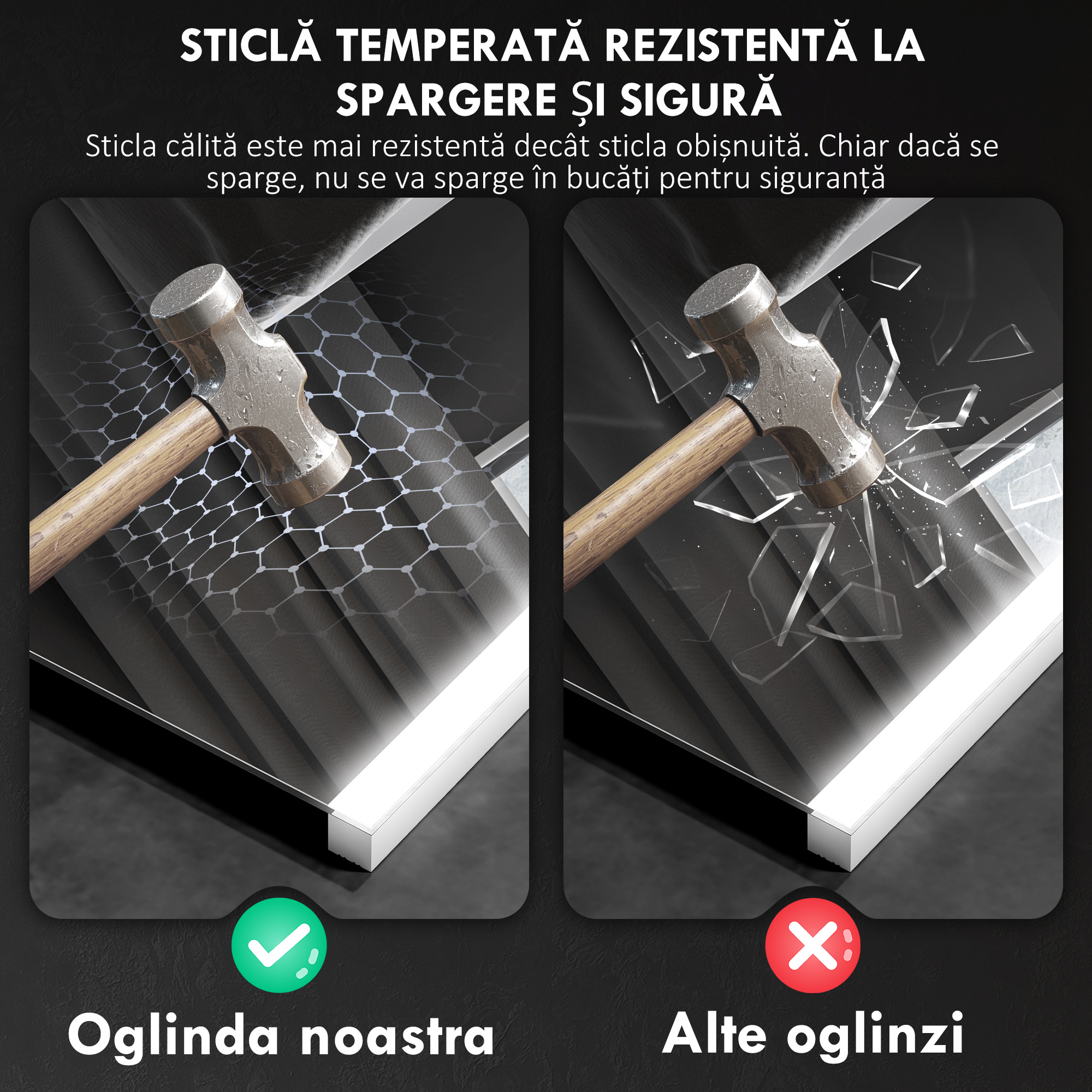  Oglinda de Baie cu Lumina LED in 3 Culori si Functie Memorie, din Sticla Temperata, 70x50x3 cm, Argintiu [6]