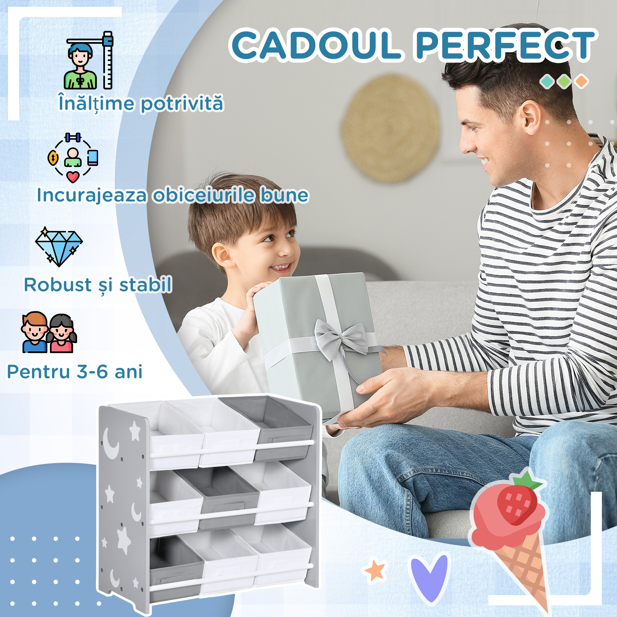 Dulap de Jucarii  cu 9 Cosuri Detasabile, Cutie de Depozitare pentru Jucarii din Lemn MDF si Material Textil [5]