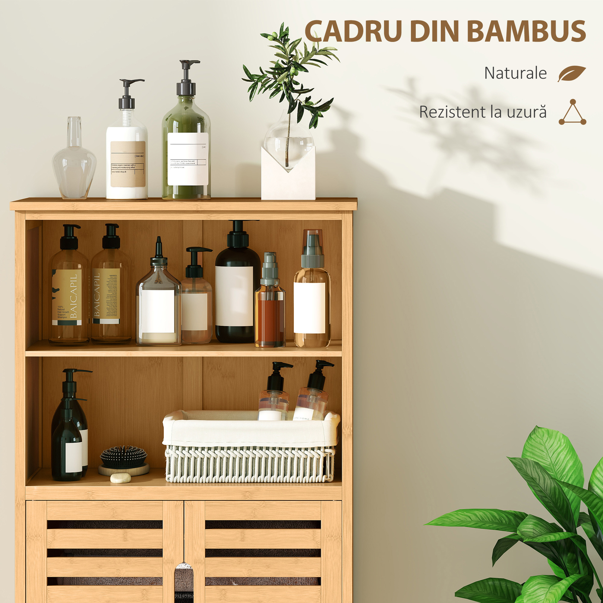  Dulap de Baie Salvaspazio din Lemn cu Dulap, 2 Usi si 2 Rafturi Deschise, 50x29x92 cm [4]