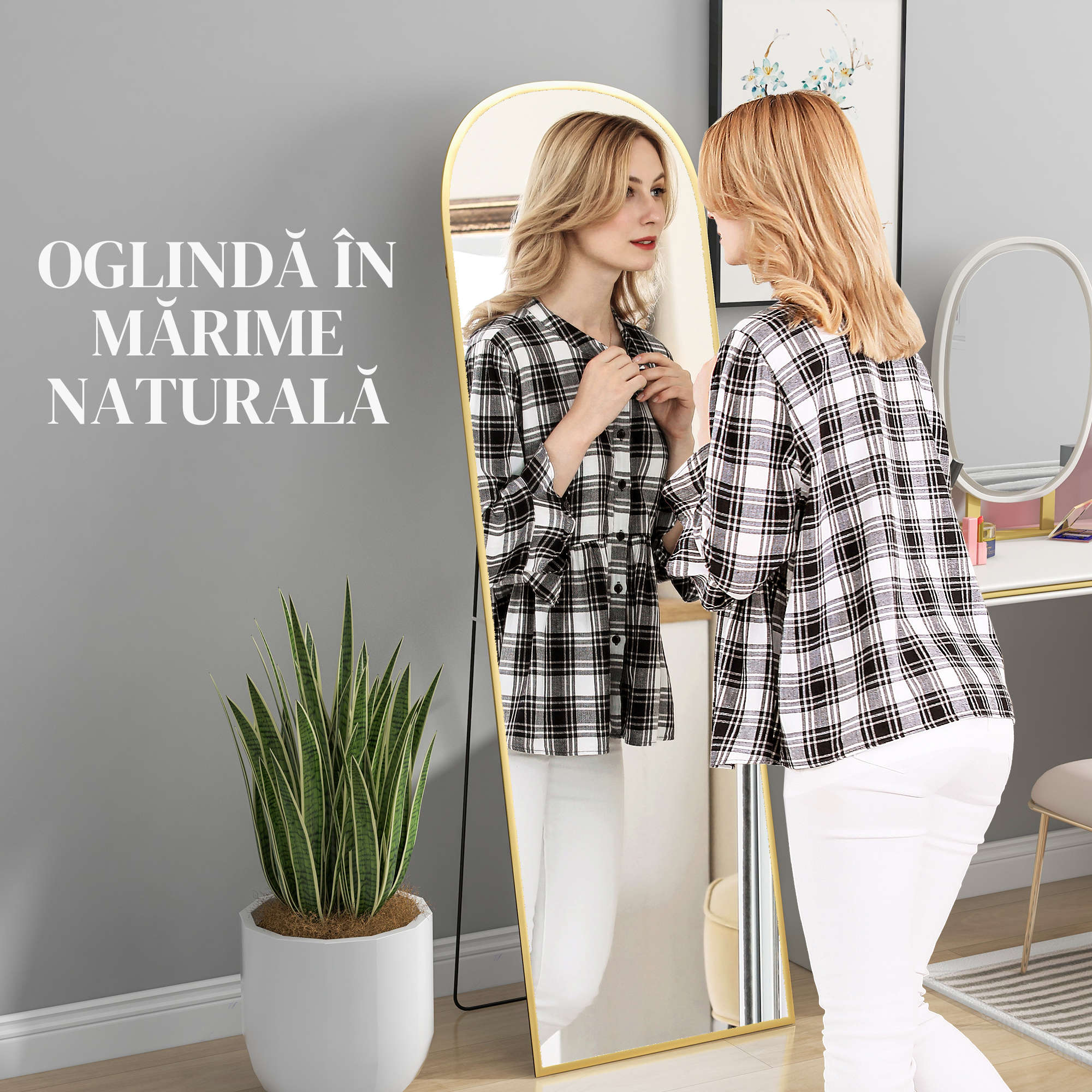  Oglinda de Podea si Perete cu Suport Pliabil, 50x170cm, Auriu [3]