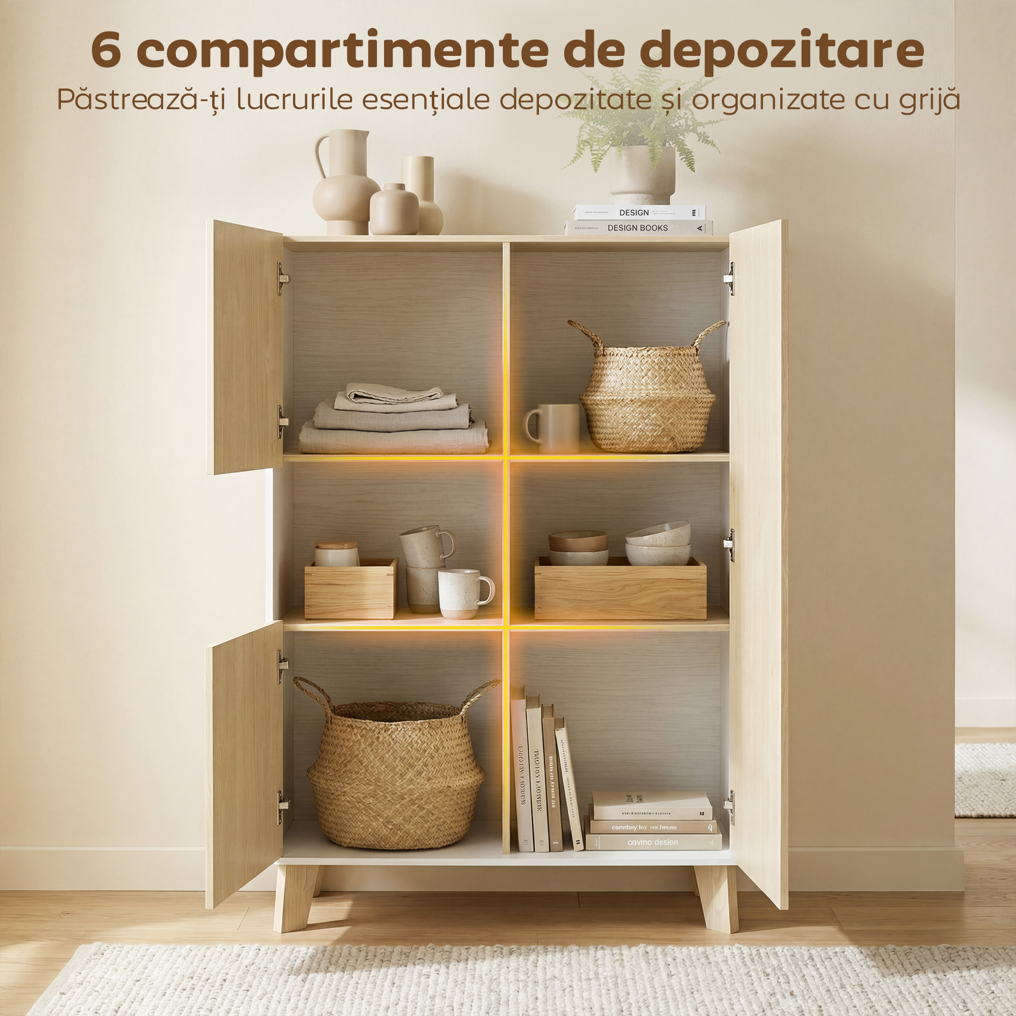  Servanta de Bucatarie, Mobilier de Bucatarie cu 6 Compartimente cu Usi Soft Close pentru Living, Sufragerie, Alb si Lemn [4]