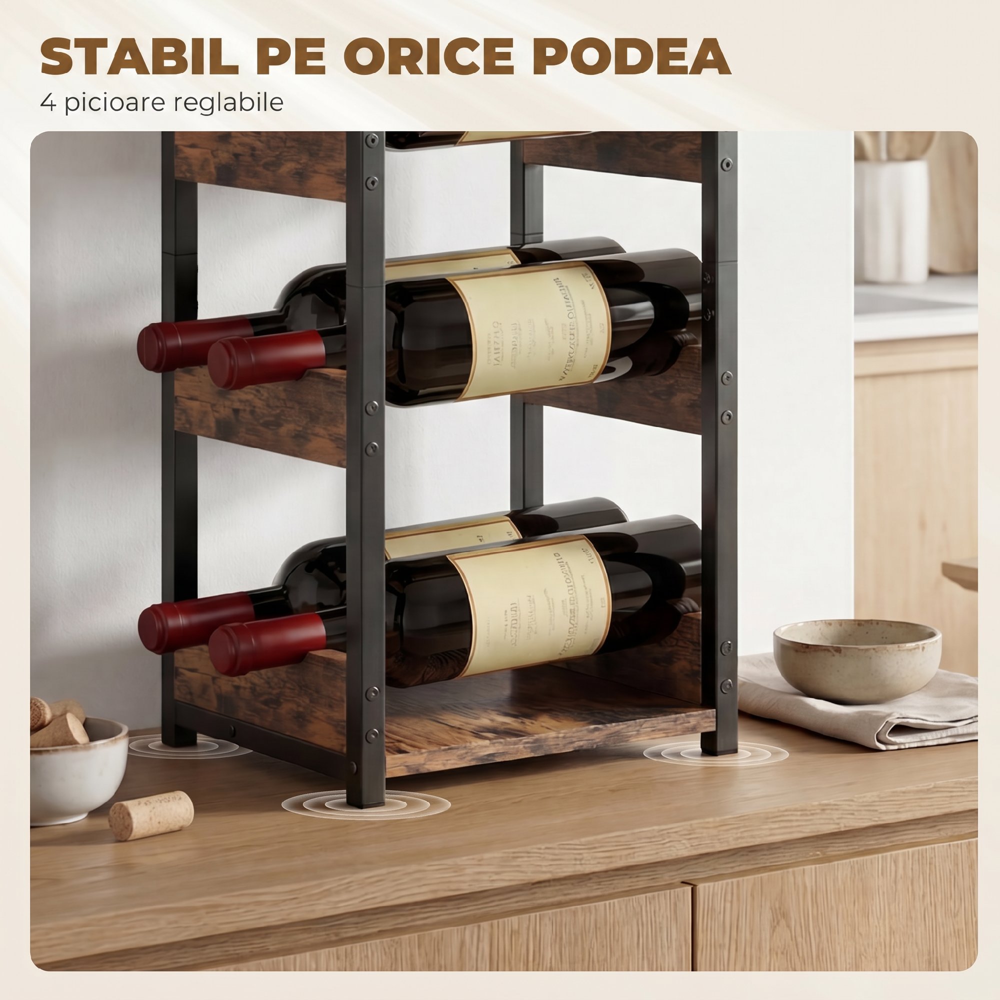  Suport pentru Sticle, Rafturi Ondulate, Picioare Reglabile, Maro Rustic, Negru [6]