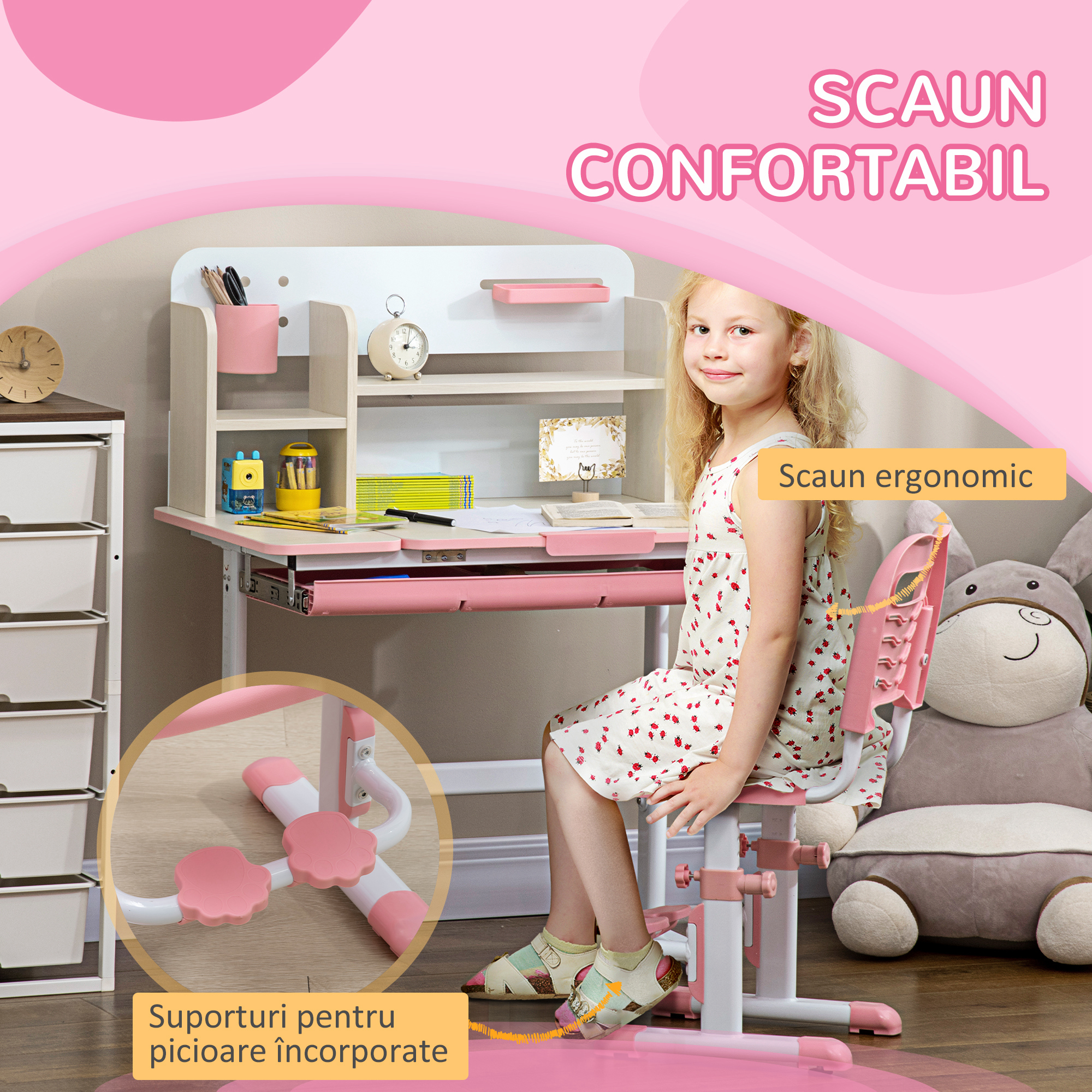  Set de Birou si Scaun pentru Copii de la 3 Ani Reglabil, Masa Inclinabila 60° cu Sertar si Rafturi, Roz [6]