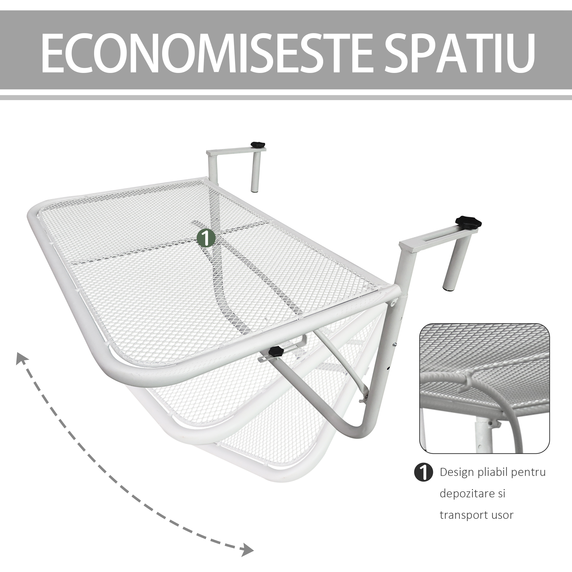  Masa suspendata pentru balustrada, reglare pe 3 niveluri, dreptunghiulara, din metal, 60x40x40/45/50cm alb [4]