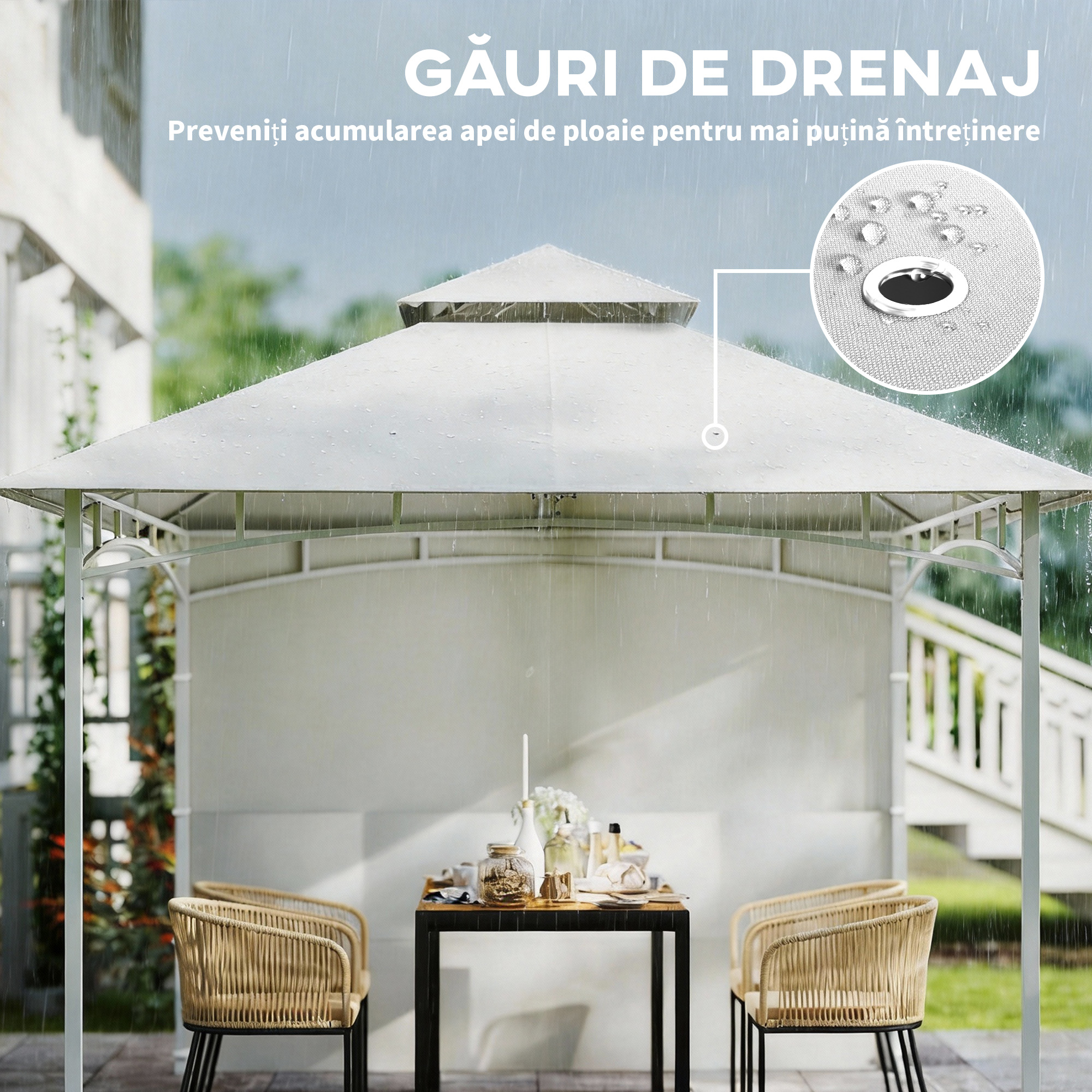  Foisor de Gradina 3x3 m cu Corturi, Buzunare pentru Depozitare si Carlig la Tavan, Foisor din Metal cu Acoperis Dublu, Orificii de Drenaj, UV30+, Crem [7]