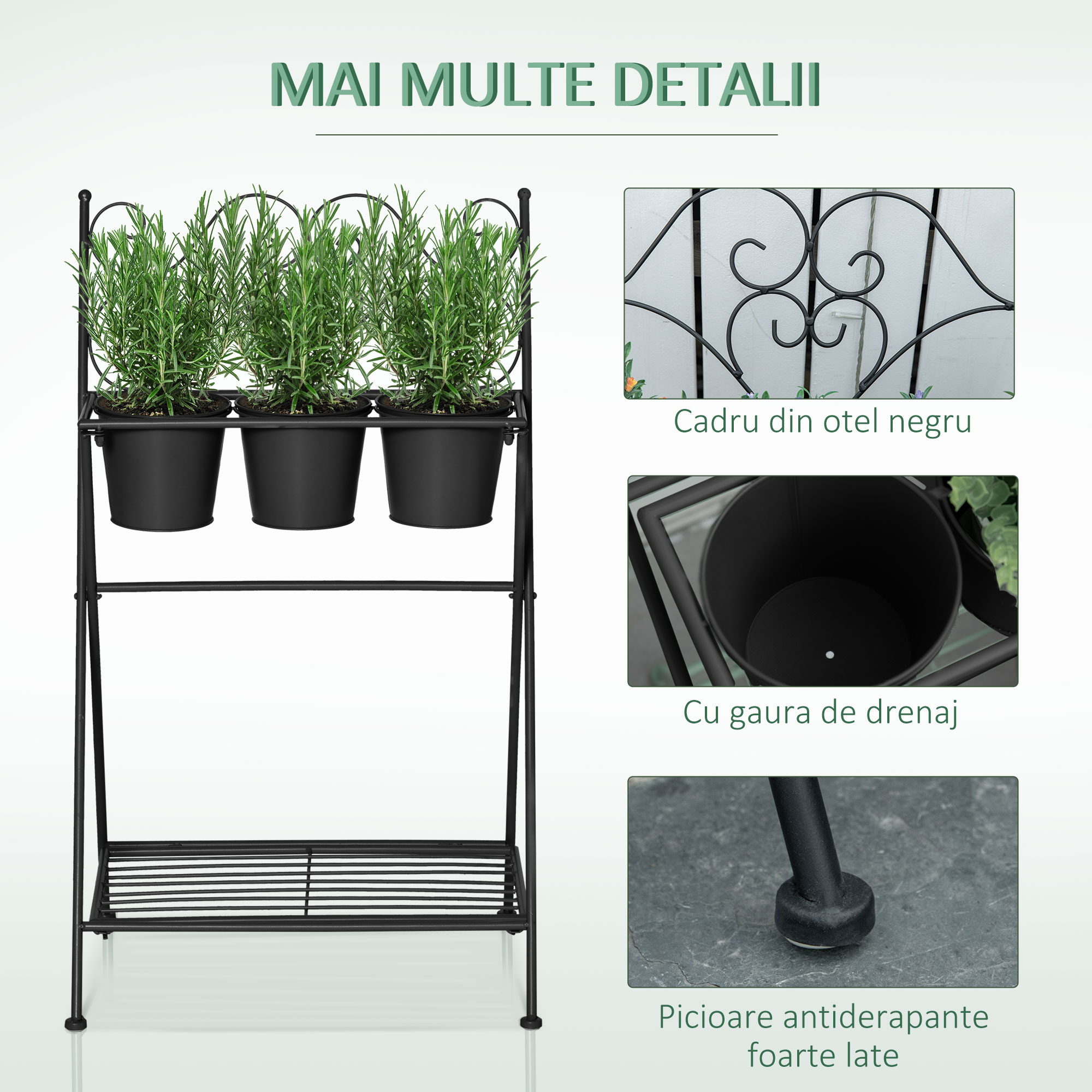 Suport pentru plante din Metal Pliabil  cu 3 Ghivece, Raft pentru Plante cu Etajera pentru Casa si Gradina, 47x37x78,5 cm, Negru [6]