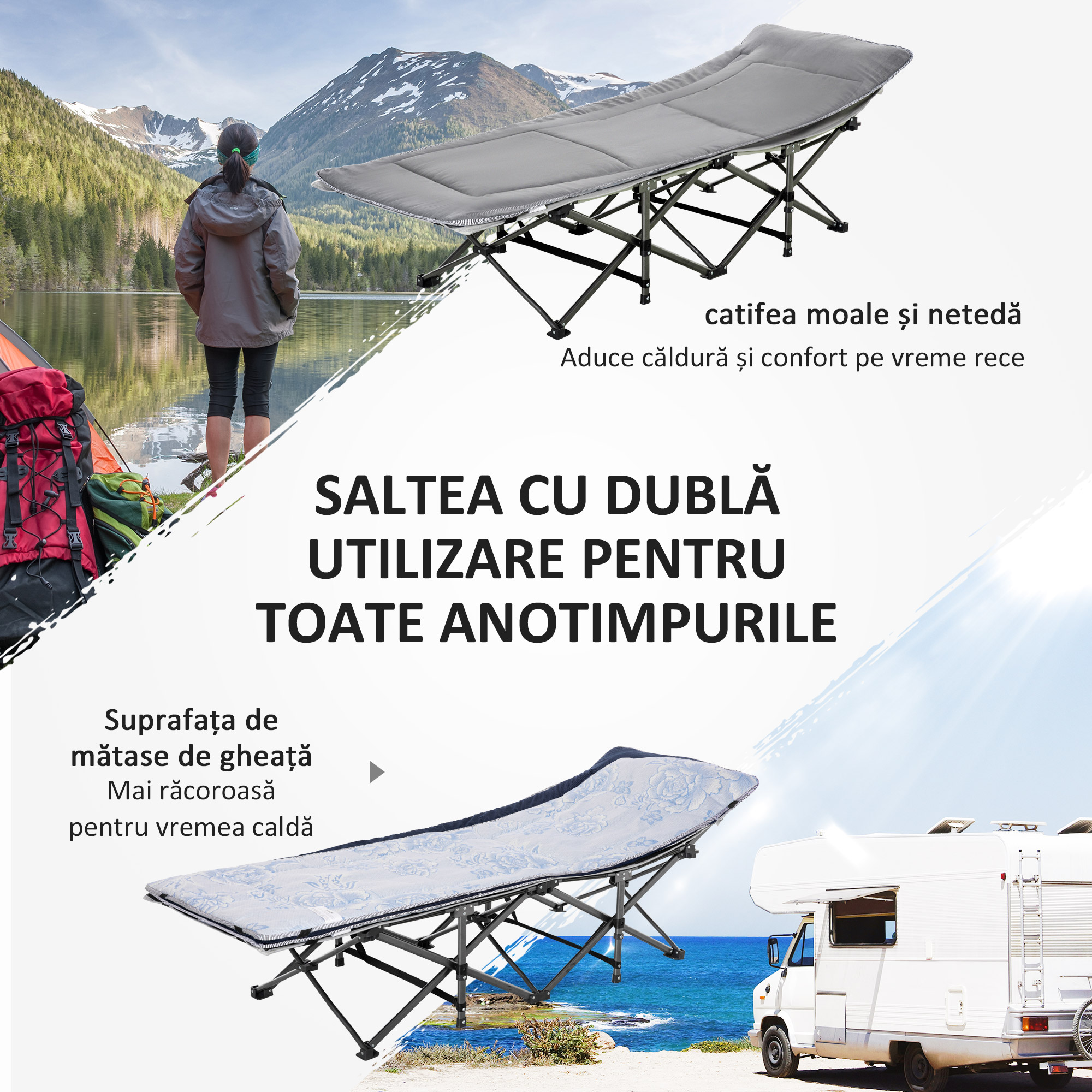  Pat Pliabil pentru Camping cu Buzunare de Depozitare si Geanta de Transport, Pat pentru Camping, 188x64.5x53 cm, Gri [3]