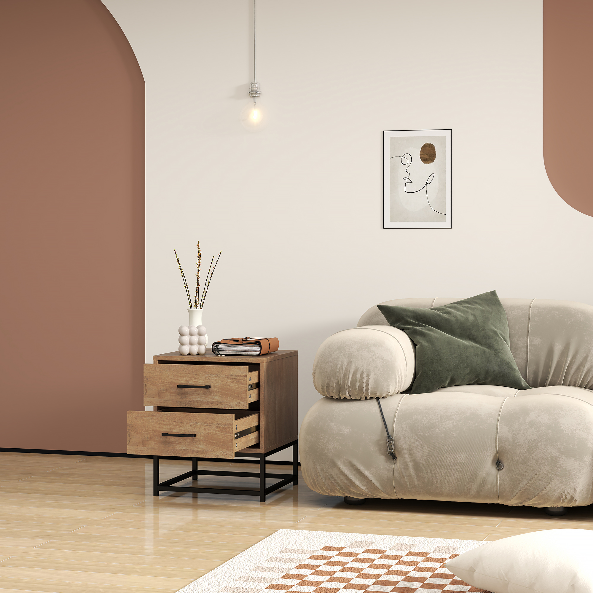  Set de 2 Noptiere cu 2 Sertare din Lemn si Otel, 40x39.5x48 cm, Lemn Natural [7]