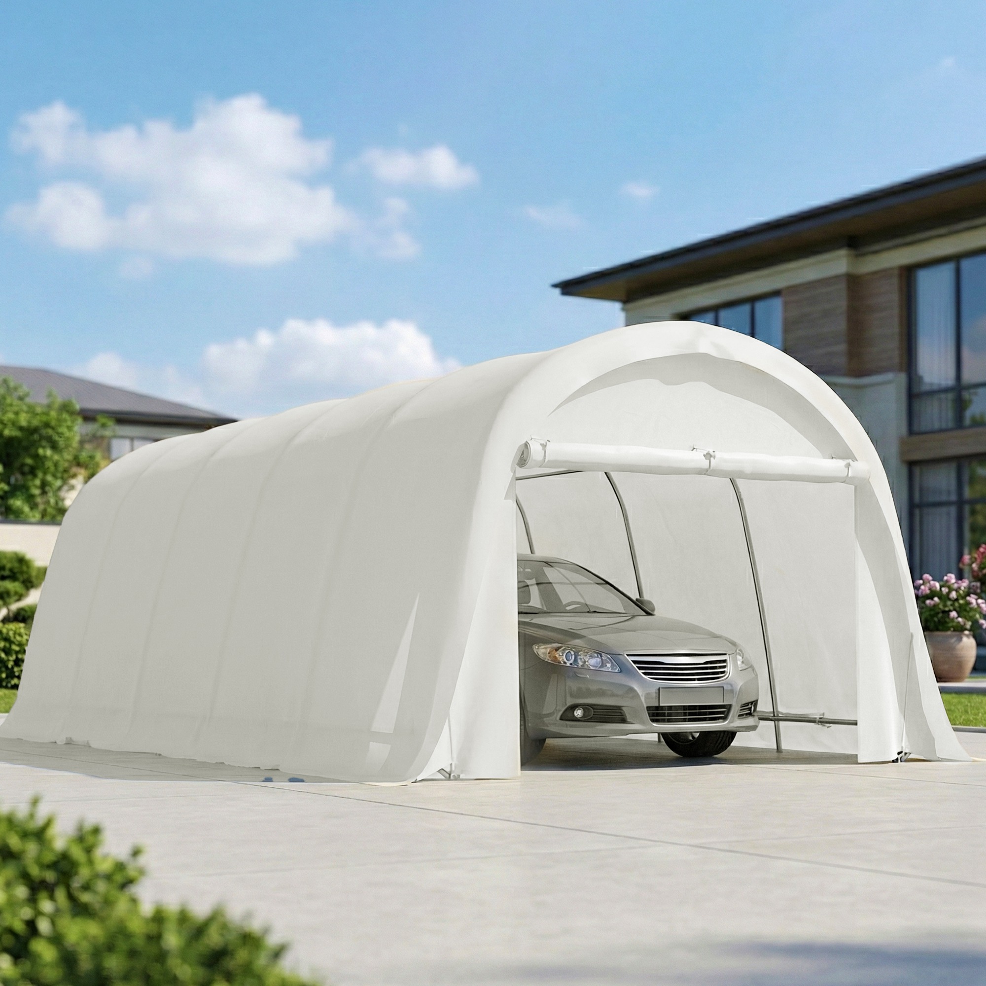 Carport  3,6 x 7,2 m Rezistent, Garaj Portabil cu Protectie Solara UPF50+, Cadru Galvanizat, Usa Mare Rulanta pentru Masini, Camioane, Barci, Motociclete, Biciclete, Alb Crem [7]