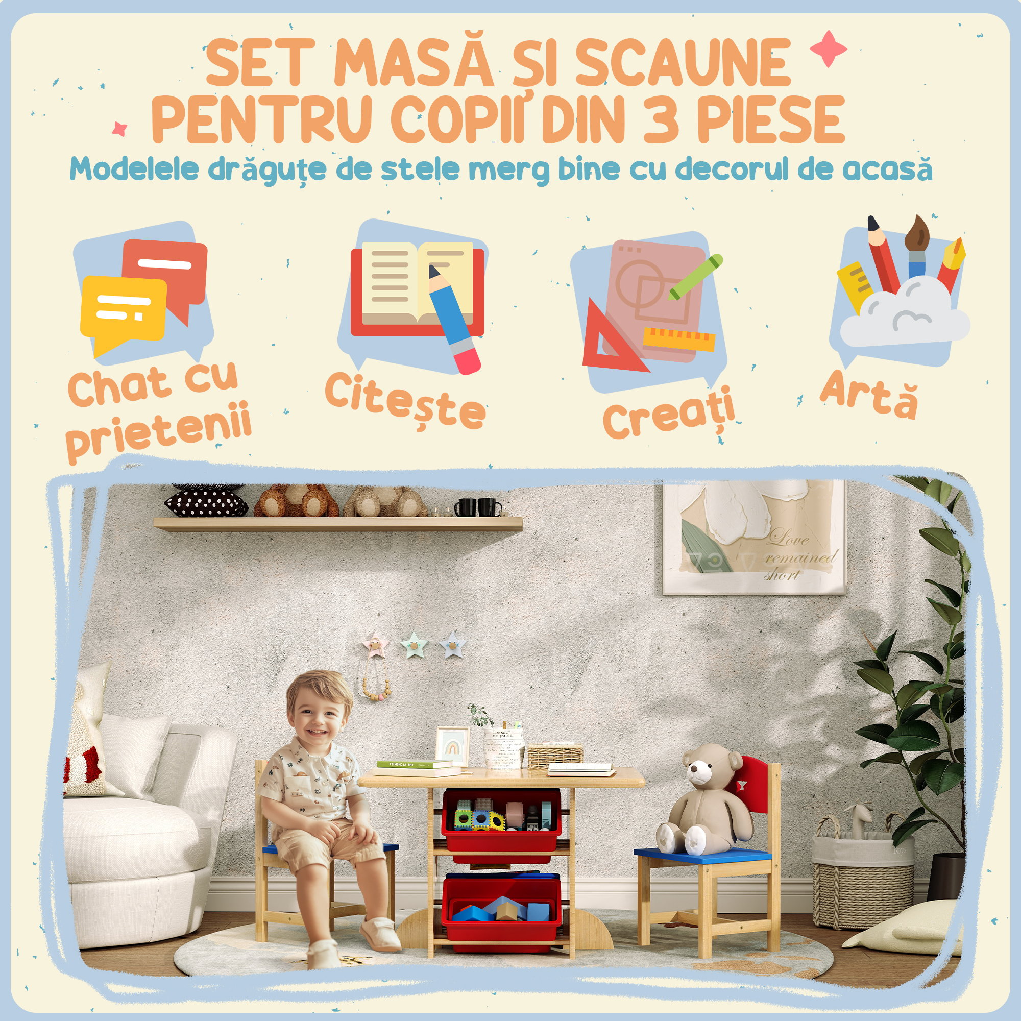 Set Masa si Scaune pentru Copii 3-7 Ani, cu 2 Scaune si 4 Compartimente de Depozitare, 77x57x50 cm, Lemn Natural [4]