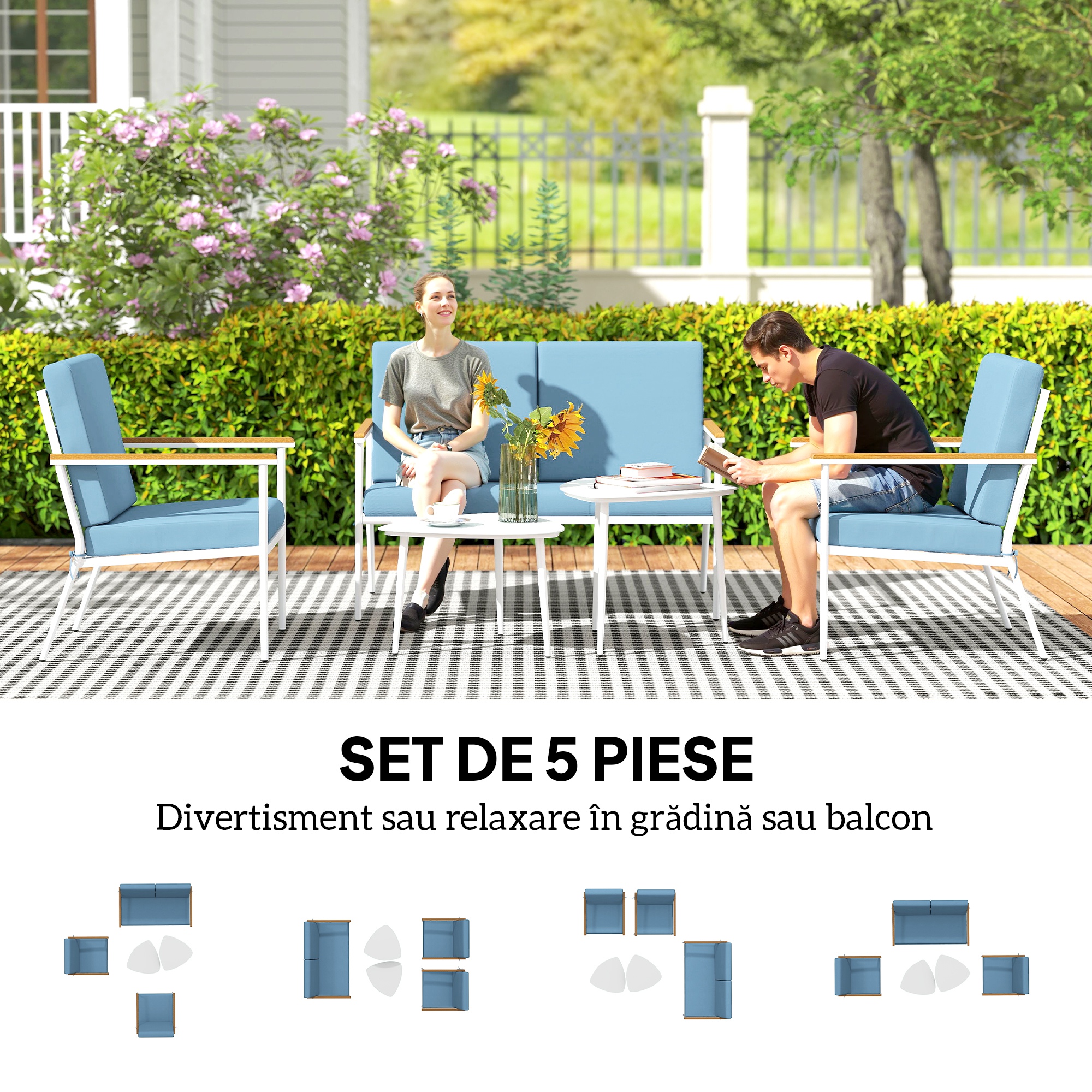 Set de Exterior cu Canapea de 2 Locuri, 2 Fotolii si 2 Masute de Cafea cu Blat din Sticla, Albastru [3]
