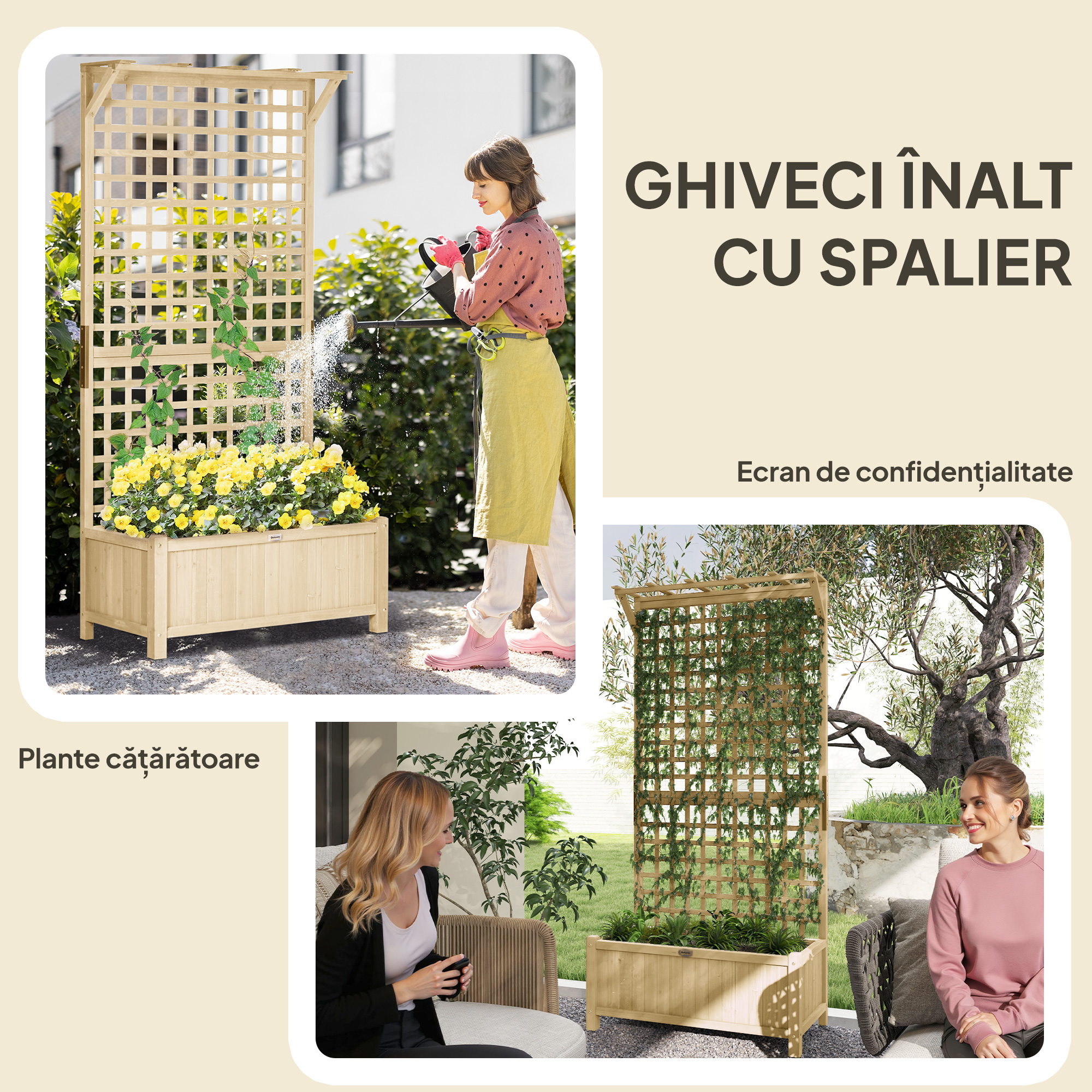  Jardiniera cu Gauri de Drenaj, Ghiveci din Lemn cu Spalier pentru Plante Cataratoare, pentru Cultivarea Legumelor, Florilor, Culoare Lemn Natural [3]